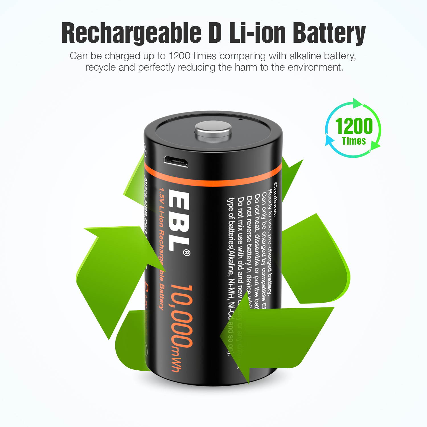 EBL USB Rechargeable D Batteries 10000mWh 1.5V Long Lasting D Cell Li-ion Battery for Flashlights, Baby Monitor (8 Pack)