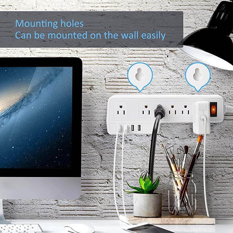 Mountable Surge Protector Power Strip  98ft 6 Outlets 4 USB Ports Electric Power Outlet with Right Angle Flat Plug Electric Long Extension Cord Power Charging Station for Home Office White
