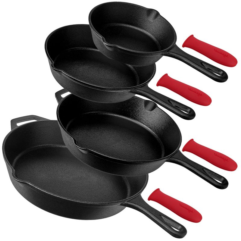 Cuisinel C12606-8-10-12 Indoor Outdoor 6 Inch, 8 Inch, 10 Inch, and 12 Inch Pre Seasoned Cast Iron Skillet Frying Pan Cookware Set with Handle Covers