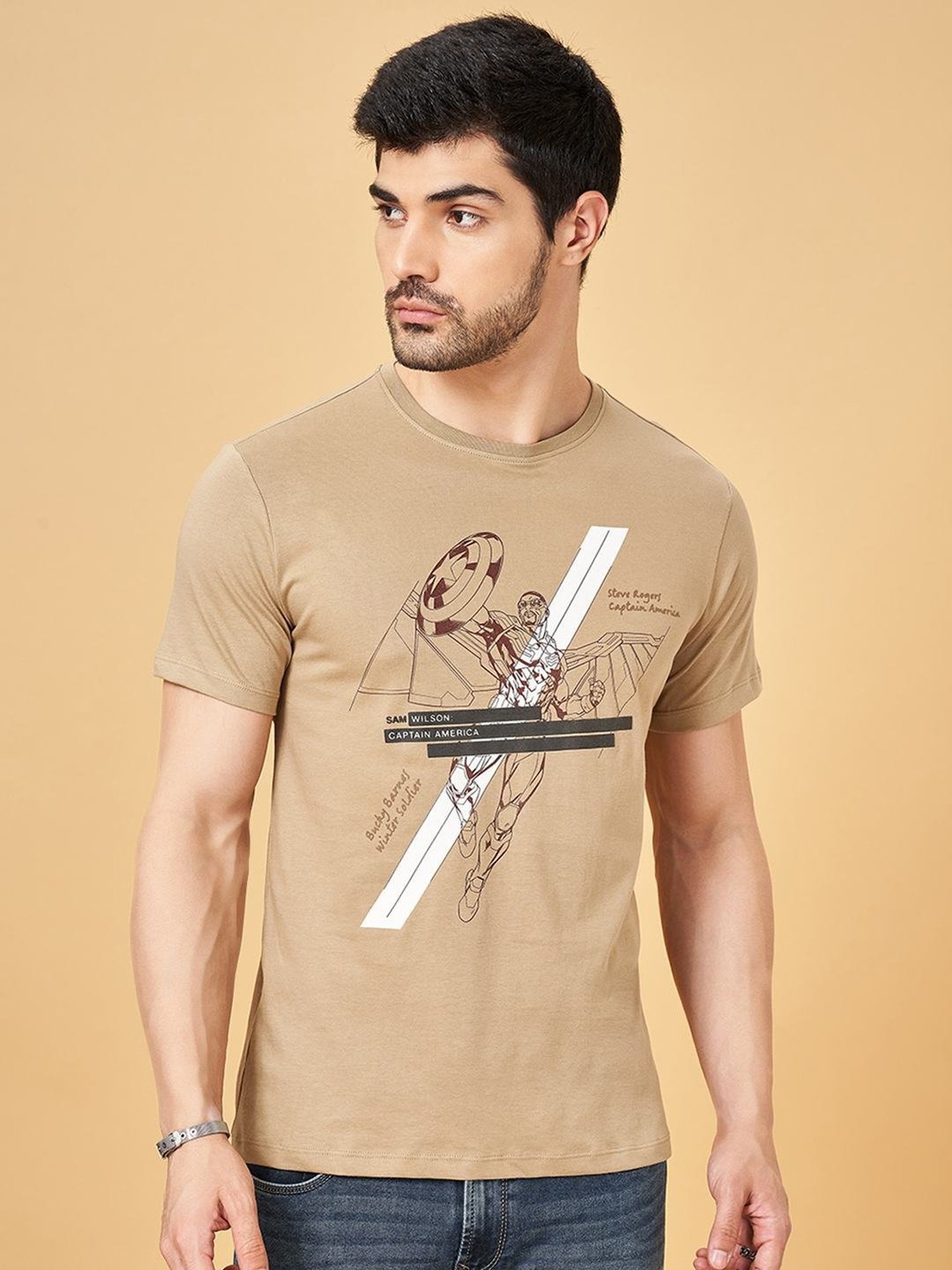 Sf Jeans By Pantaloons Ecru Cotton Slim Fit Printed T-Shirt