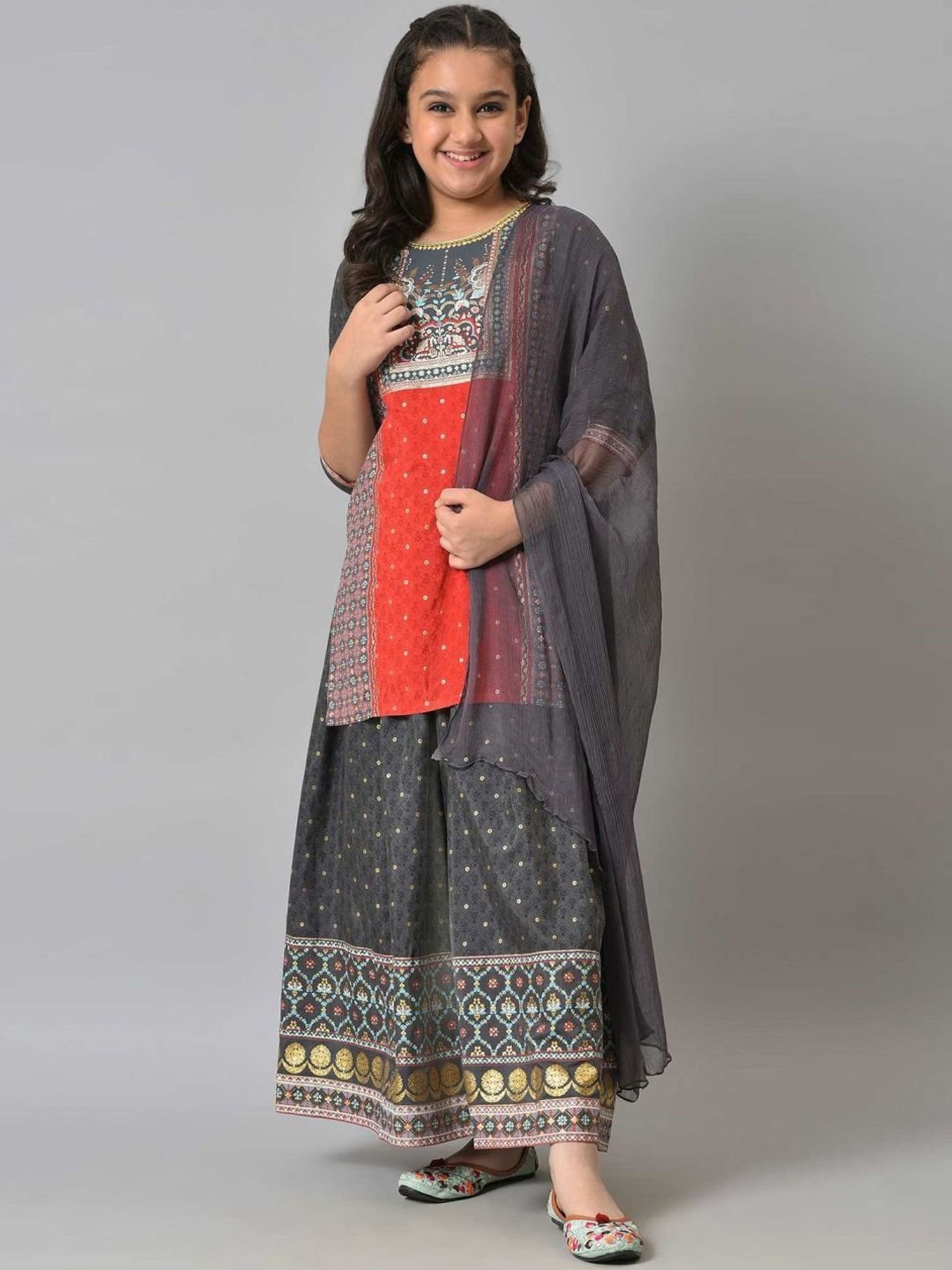 Aurelia Kids Red & Grey Floral Print Kurta Set