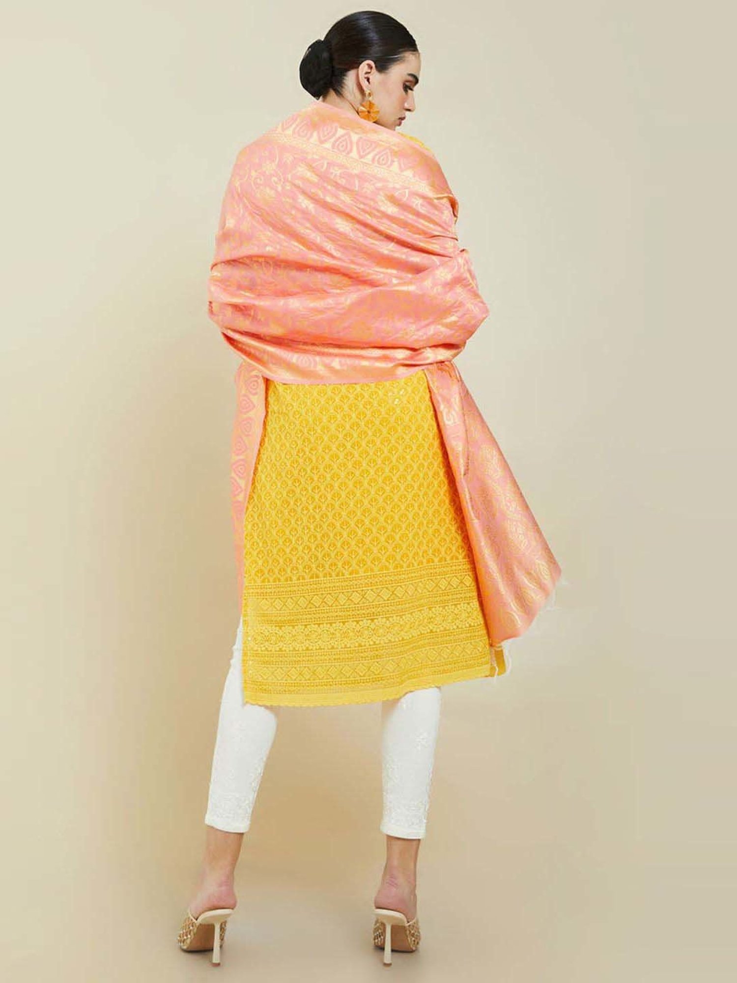 Soch Peach Woven Pattern Dupatta