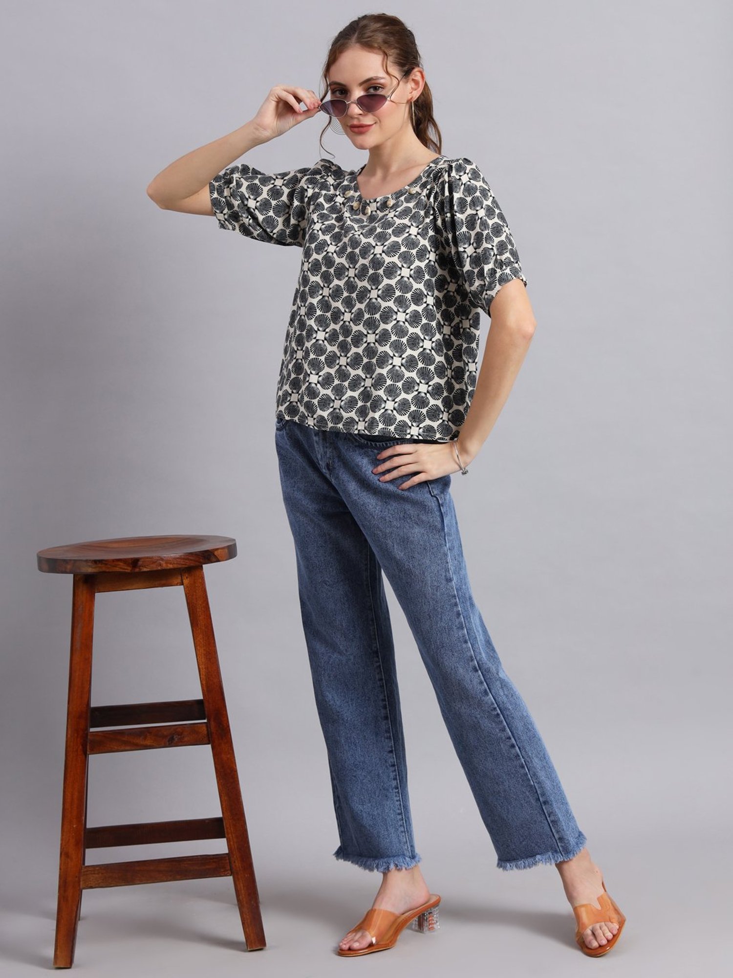 DECKEDUP Cream & Black Printed Top