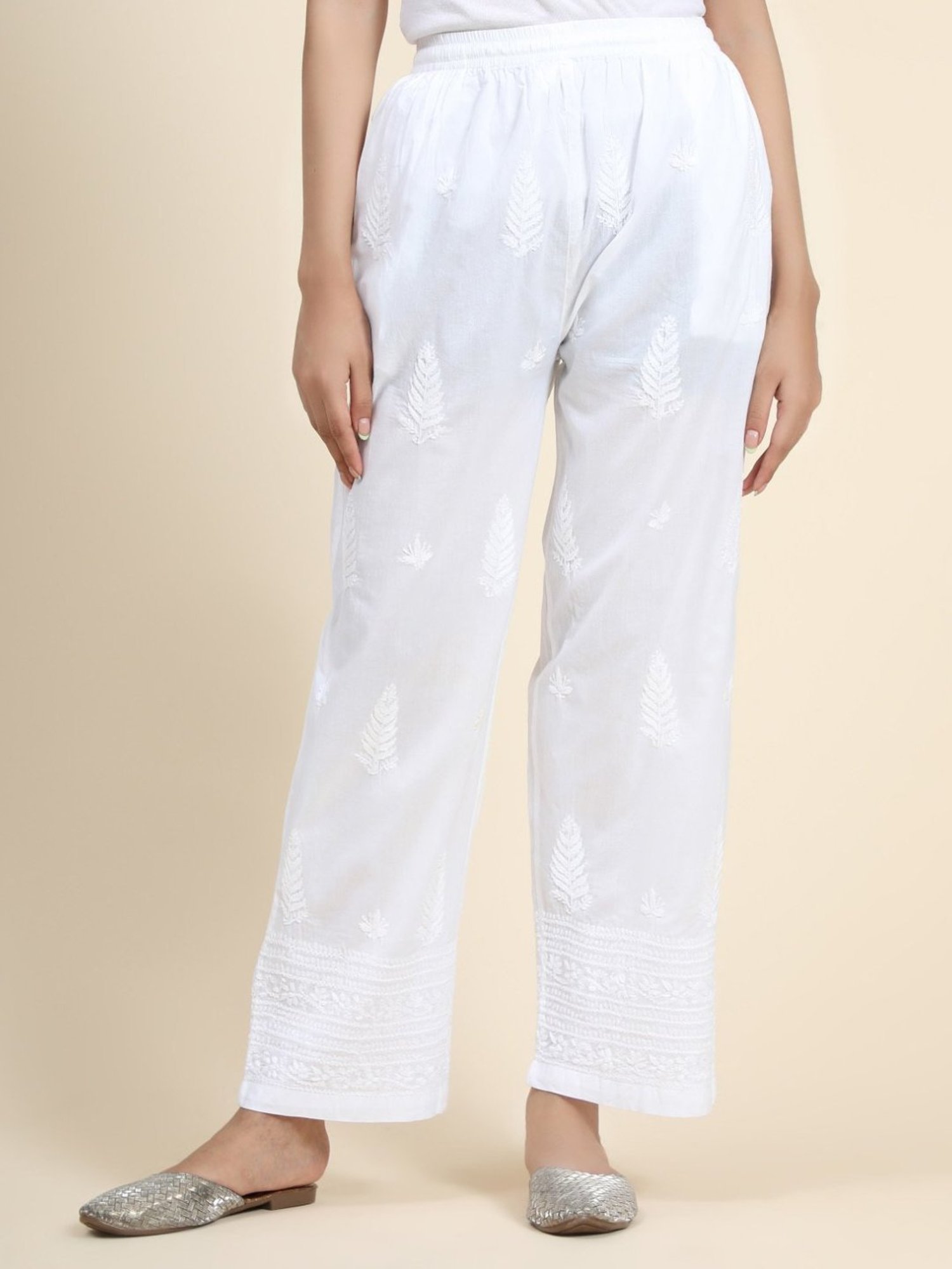 House Of Kari HOK Chikankari White Cotton Pant Trouser