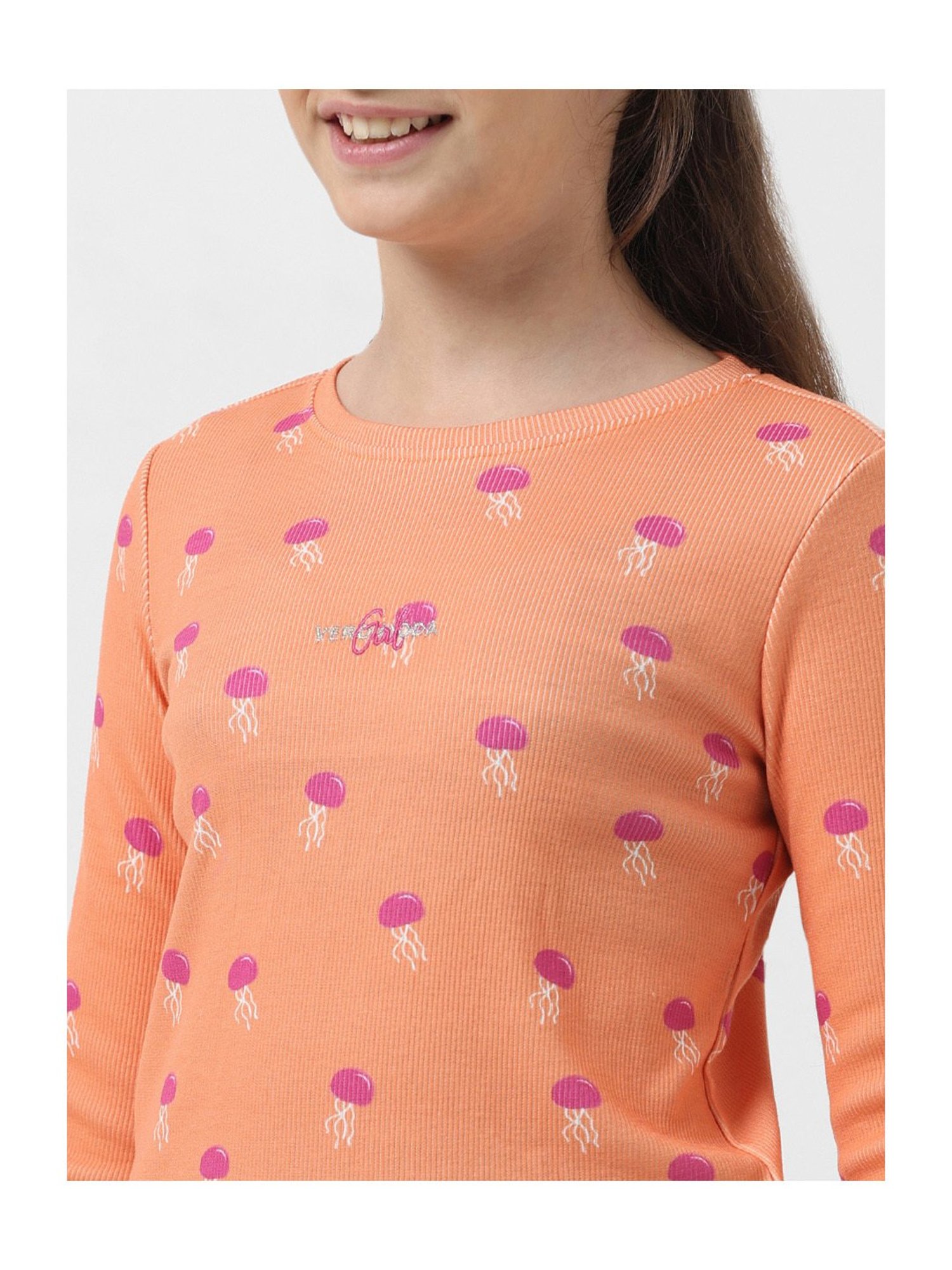 VERO MODA GIRL Orange Printed Full Sleeves T-Shirt