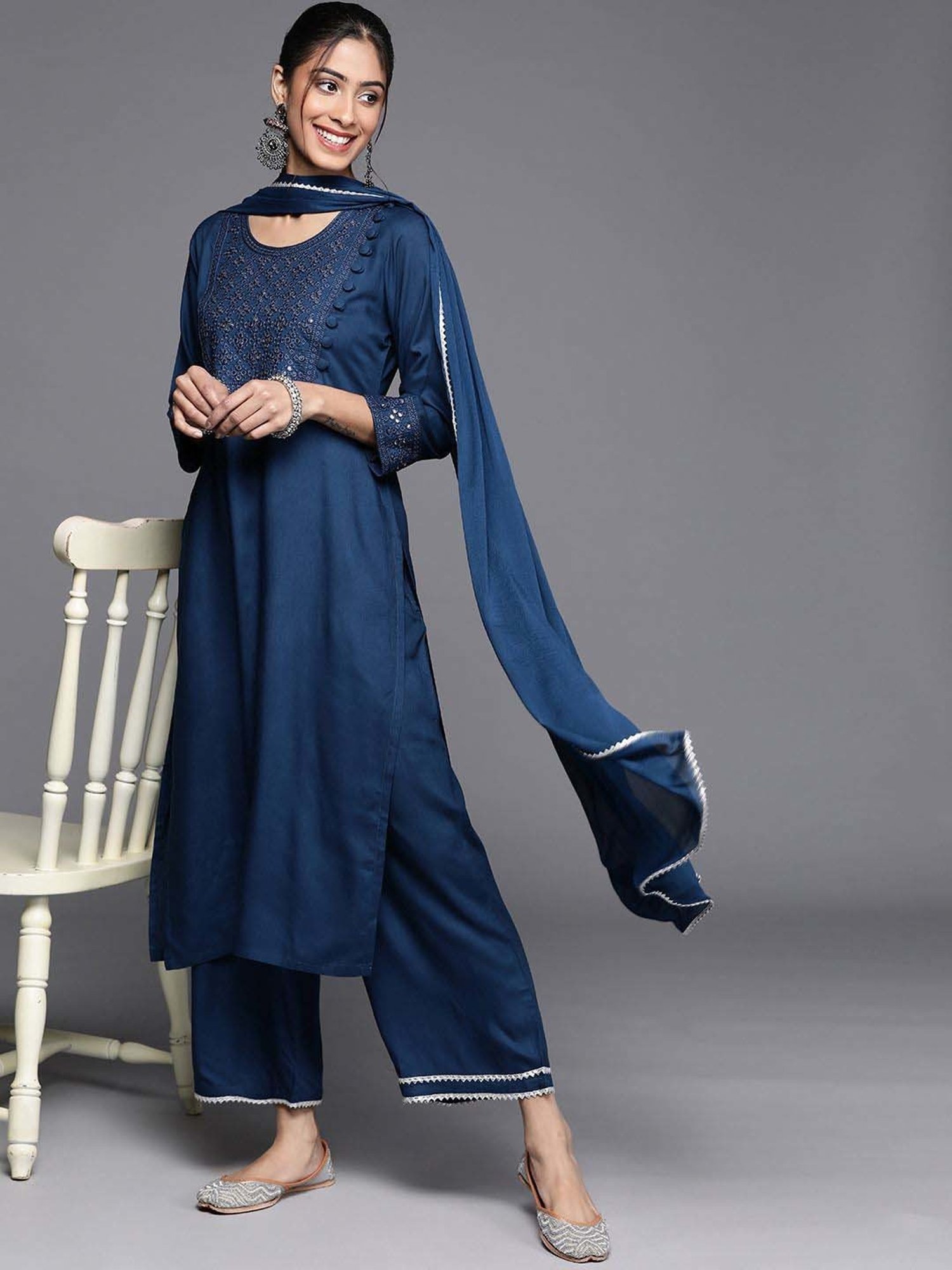 Libas Blue Embroidered Kurta Palazzo Set With Dupatta