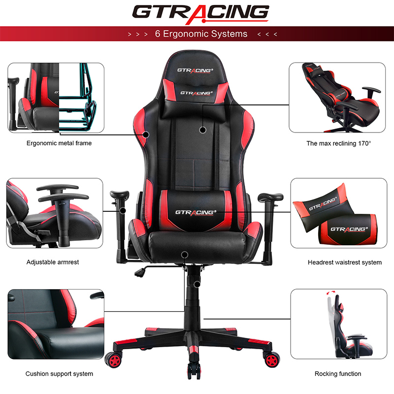 GTRACING Gaming Chair Ergonomic Racing Desk Chair PU Leather High-Back Adjustable Professional E-Sports Chair with Headrest and Lumbar Pillows GTBEE Series