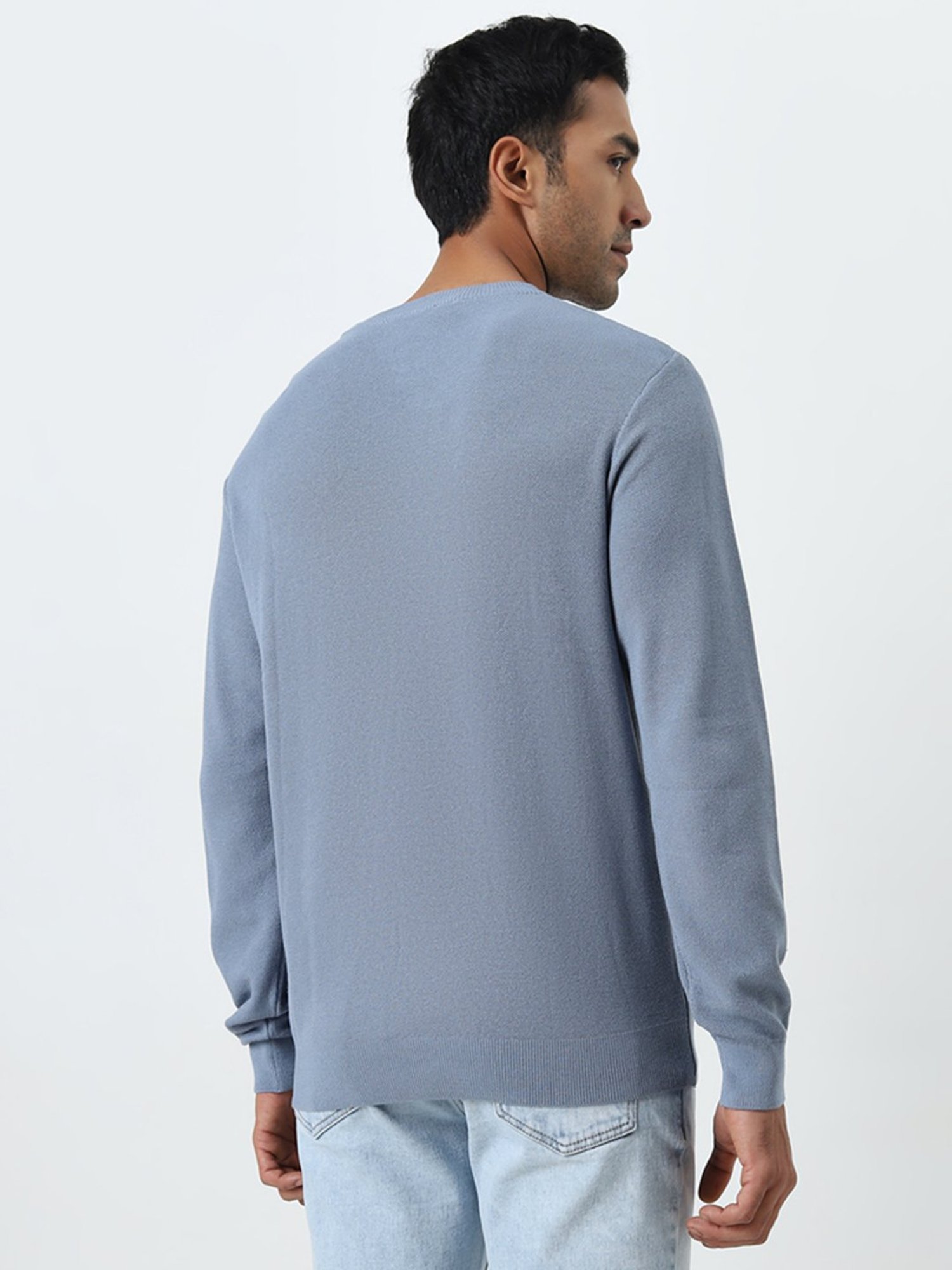 WES Formals by Westside Dusty Blue Slim-Fit Knit-Textured Sweaters
