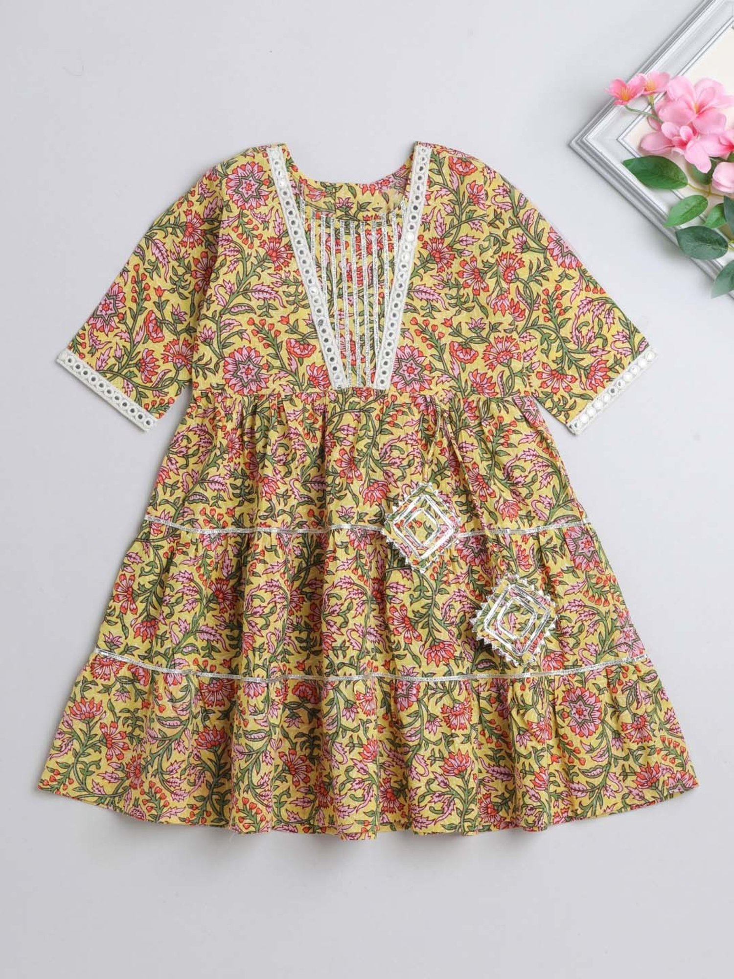 The Magic Wand Kids Yellow & Pink Cotton Floral Print Dress