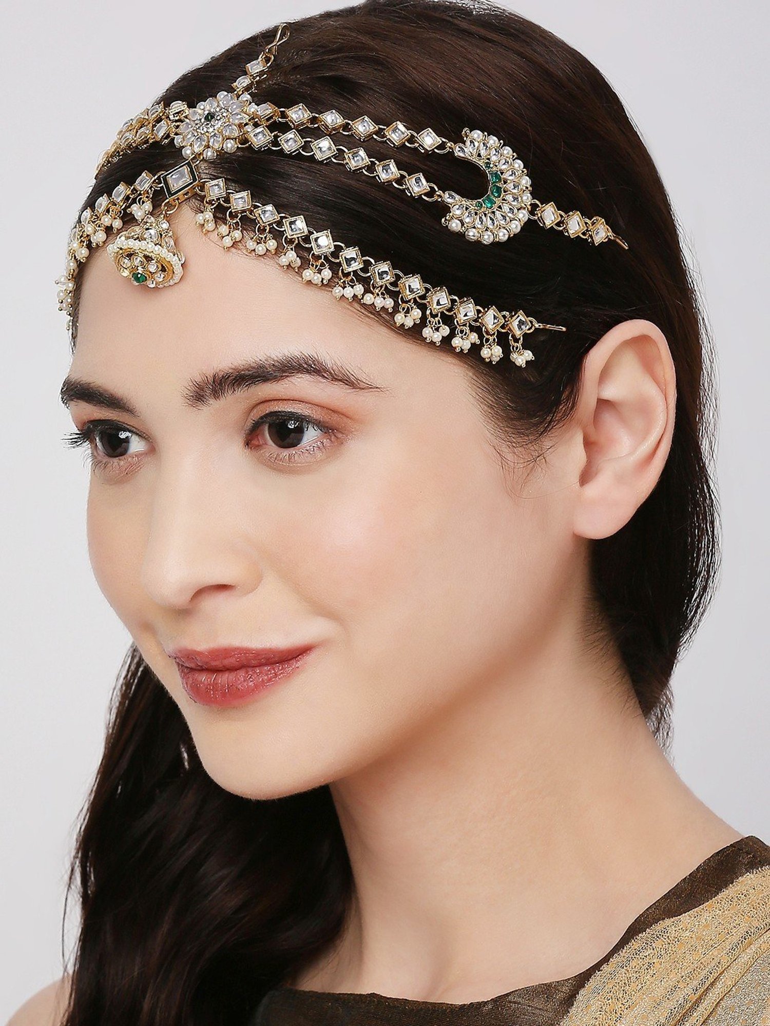 Oomph Gold Tone Kundan and Pearls Traditional Wedding Bridal Matha Patti