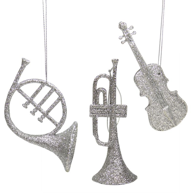 Christmas Central Set of 3 Silver Splendor Glittered Musical Instruments Christmas Ornaments 5"