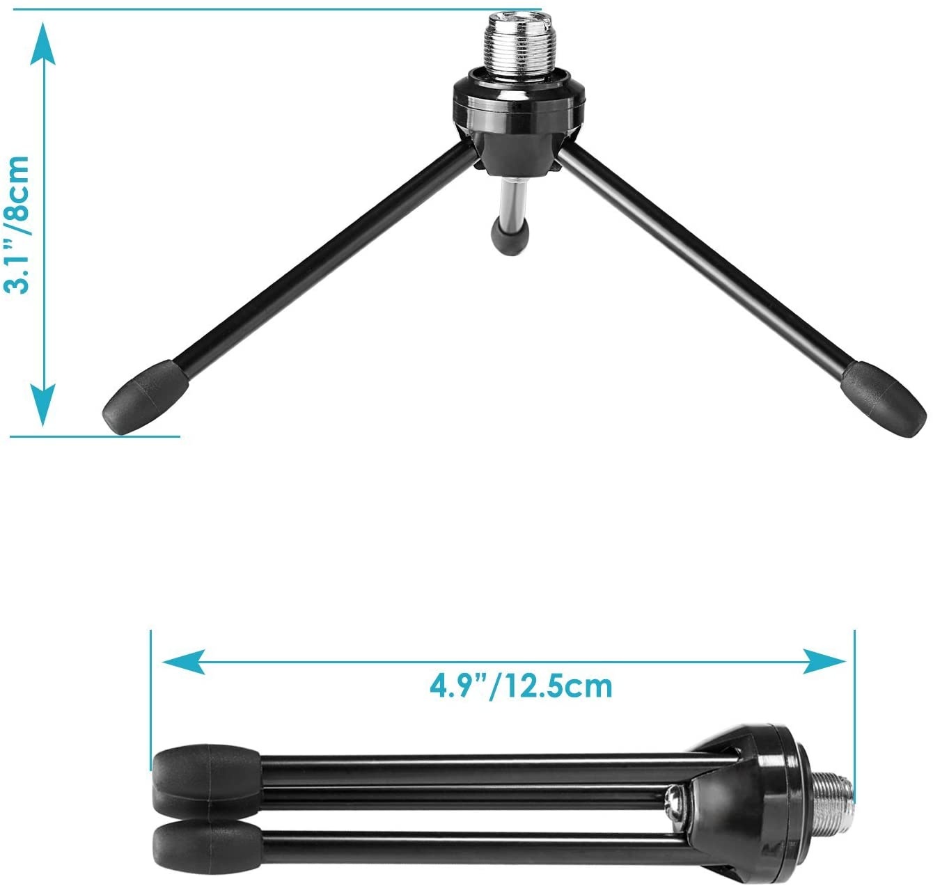 Desktop Desk Microphone Stand Foldable Tripod with Non-slip Feet, Durable Iron Construction, 3/8-inch and 5/8-inch Threaded Mount, Black