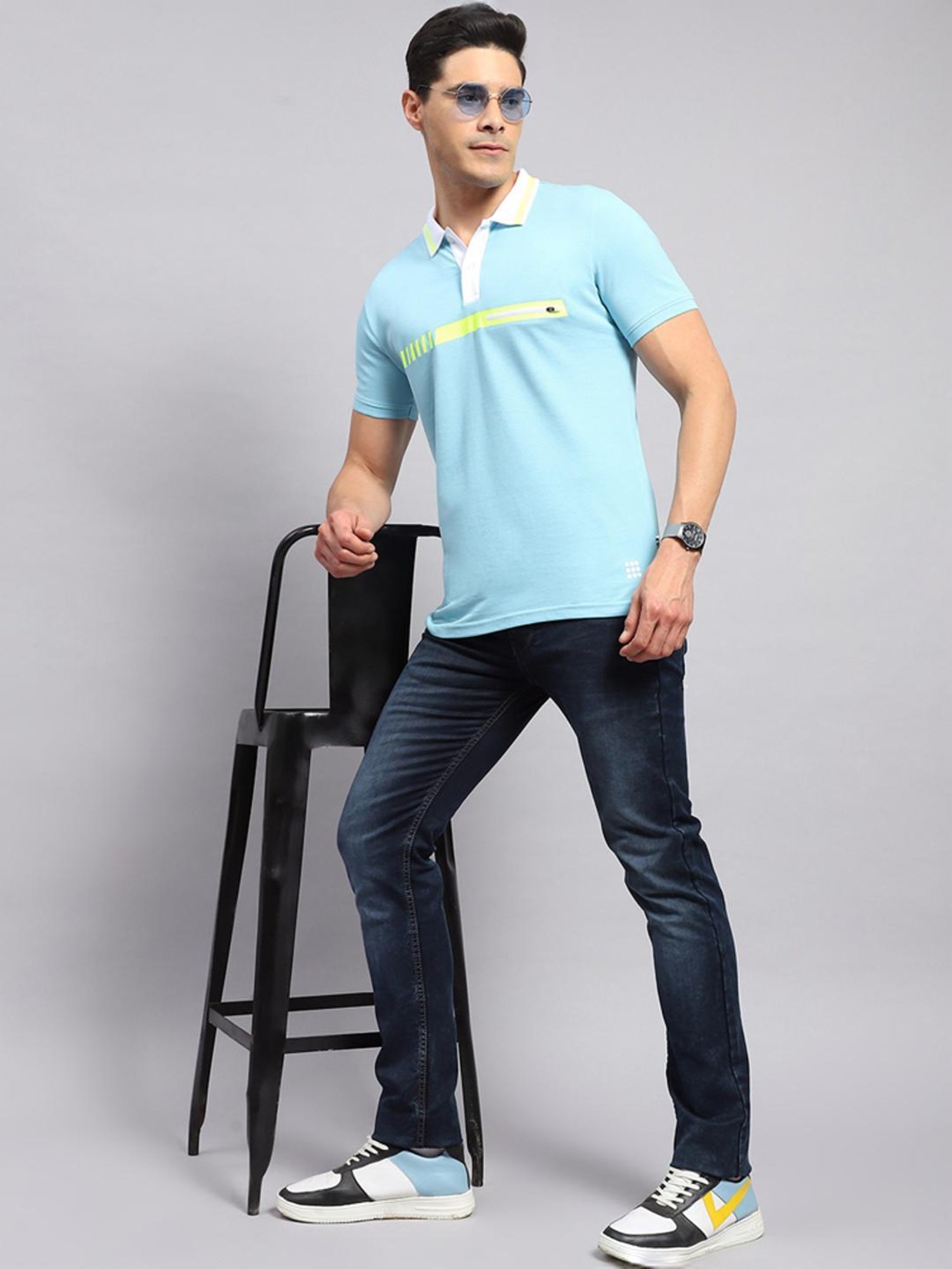 Rock.it Blue Cotton Regular Fit Printed Polo T-Shirt