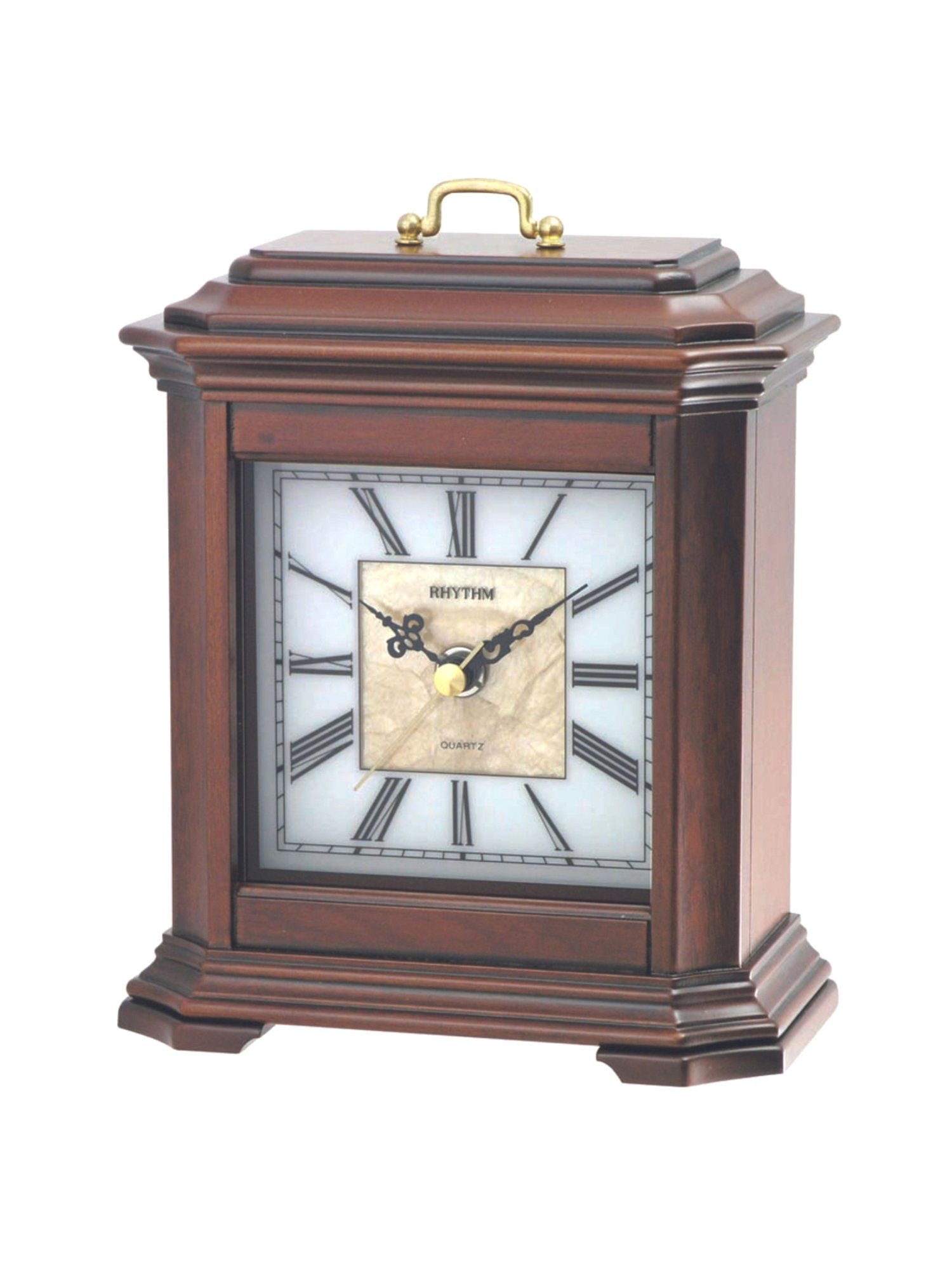 RHYTHM Brown Wood Elegant Rectangular Sea Shell White Dial Table Clock
