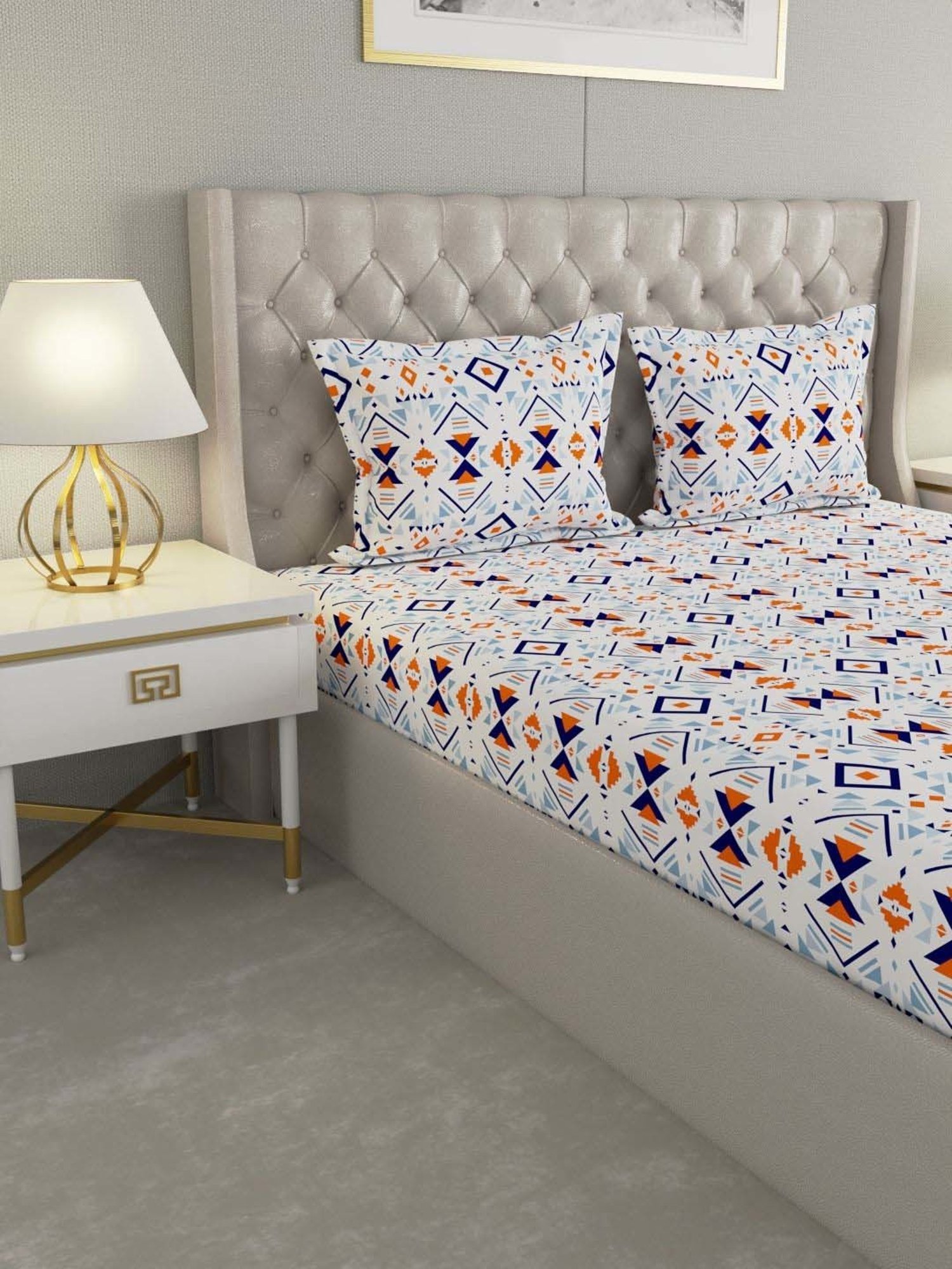 Raymond Home Shubham White & Blue 120 TC Cotton King Bedsheet with 2 Pillow Covers