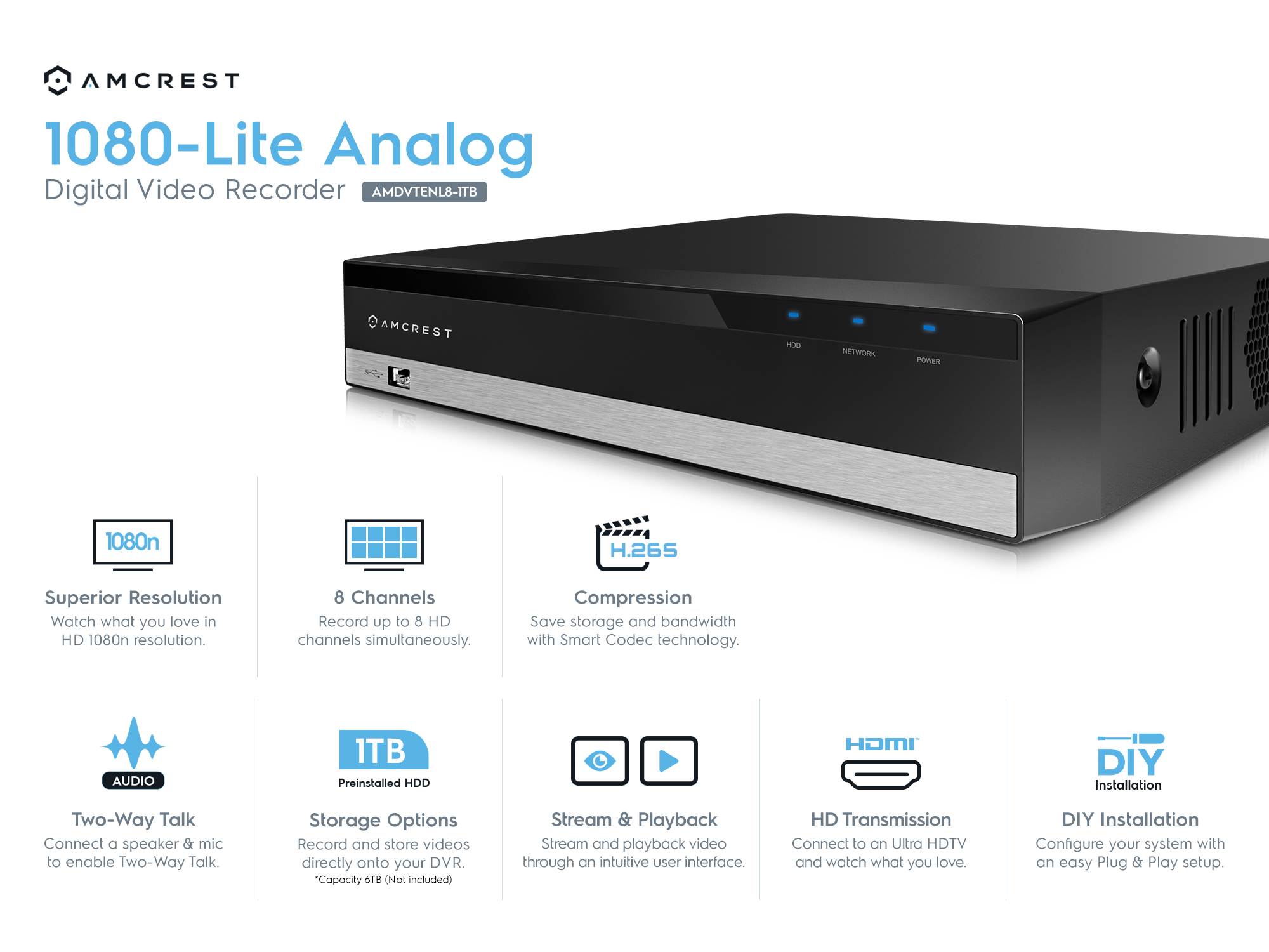 Amcrest 1080-Lite 8CH DVR Digital Recorder, HD Pentabrid (5-1) Supports 960H/HDCVI/HDTVI/AHD & Amcrest IP Cameras, Pre-Installed 1TB HDD, Cameras NOT Included, Security Camera System (AMDVTENL8-1TB)