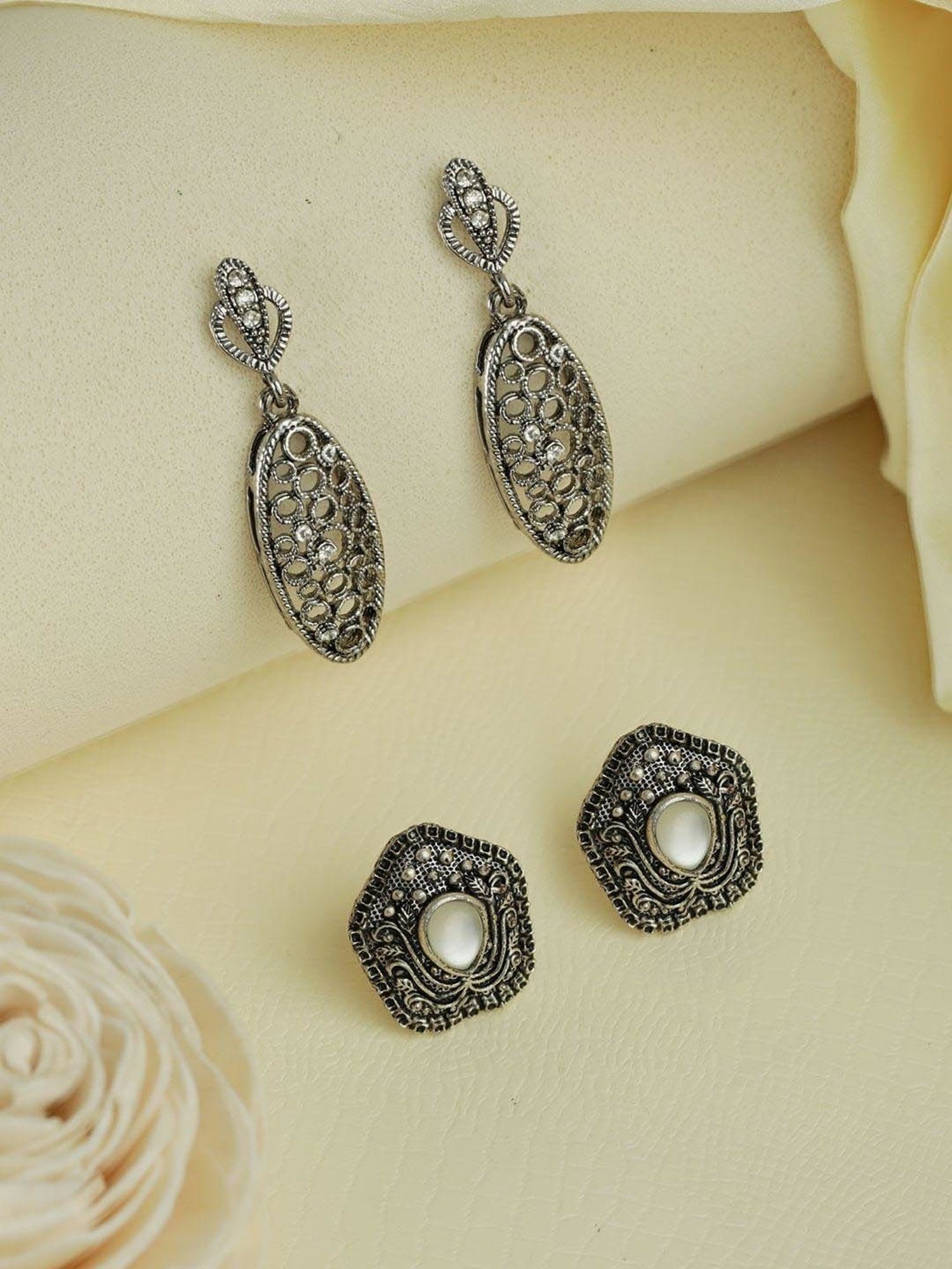 Priyaasi Silver Stud & Drop Earrings - Set of 2