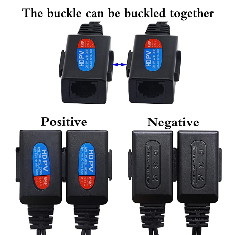 Balun HD Cat5 RJ45 to BNC Video Baluns transceiver Passive with Power Connector for 720P 1080P 3MP 4MP 5MP 8MP HD-CVI/TVI/AHD/CVBS/960H Camera(2 Pairs)