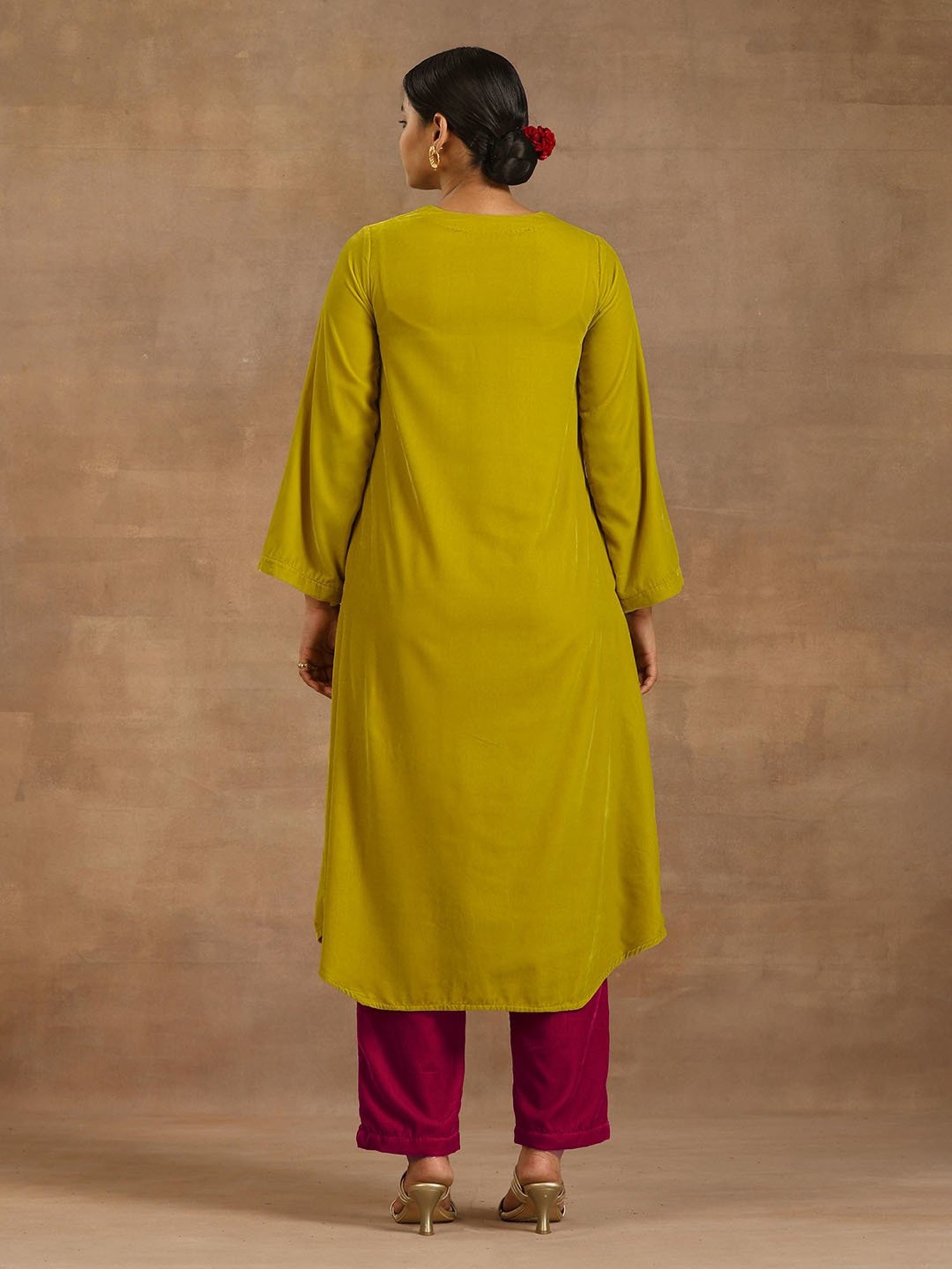true Browns Lime Green Velvet Embroidered A Line Kurta