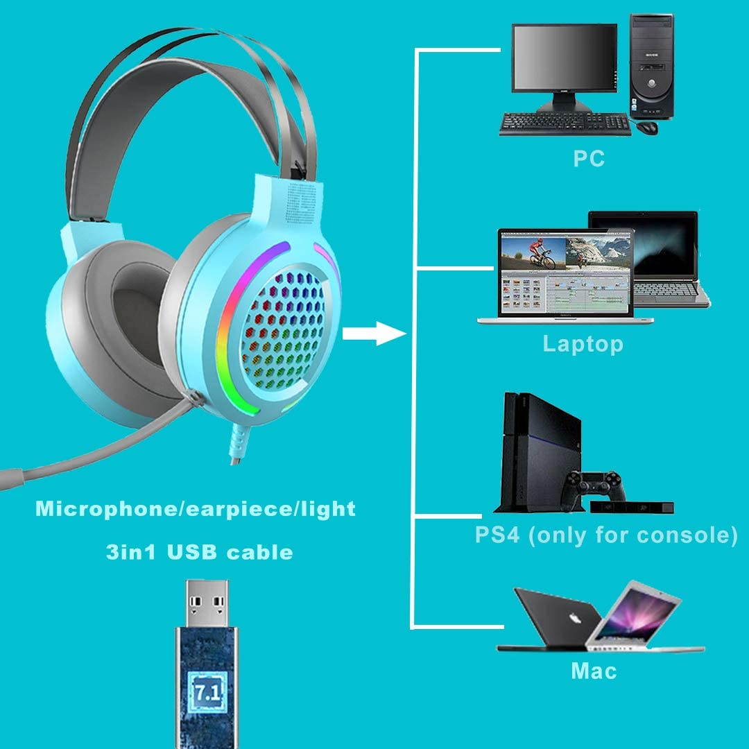 Gaming Headset with 7.1 Surround Sound,PC Lightweight Headset with Noise Canceling Mic,Bass Surround,Soft Memory Earmuffs,Rainbow LED Backlit for PC,PS4,Xbox One Controller(Adapter Not Included)(Pink)