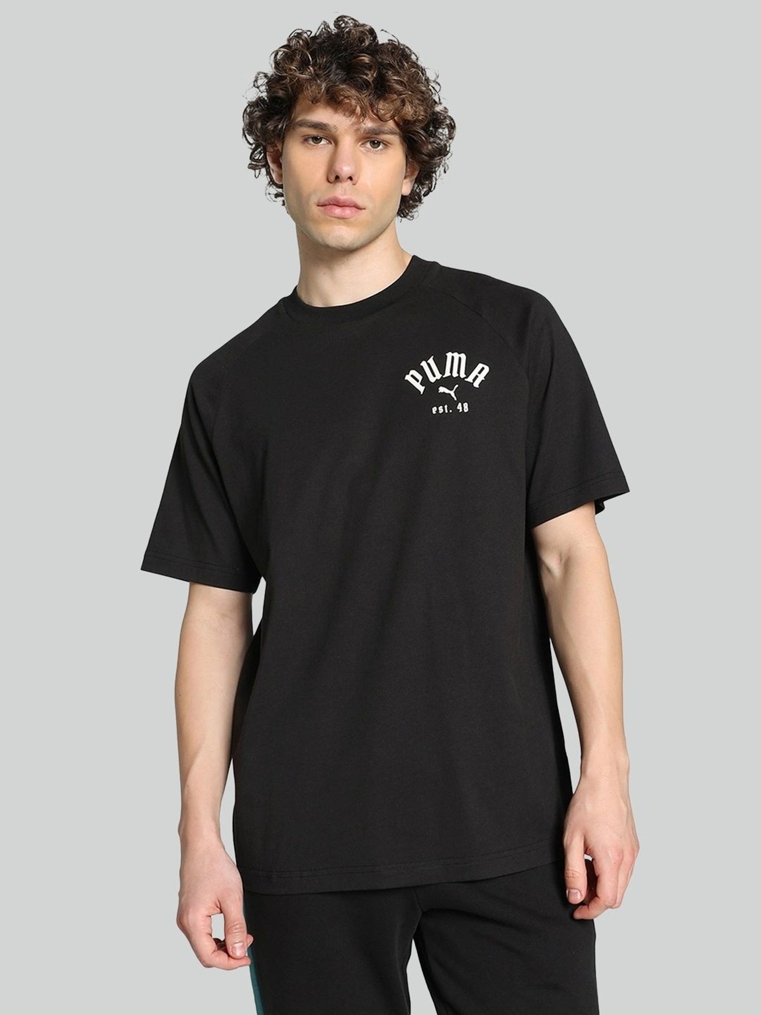 Puma Black Cotton Relaxed Fit Printed T-Shirt