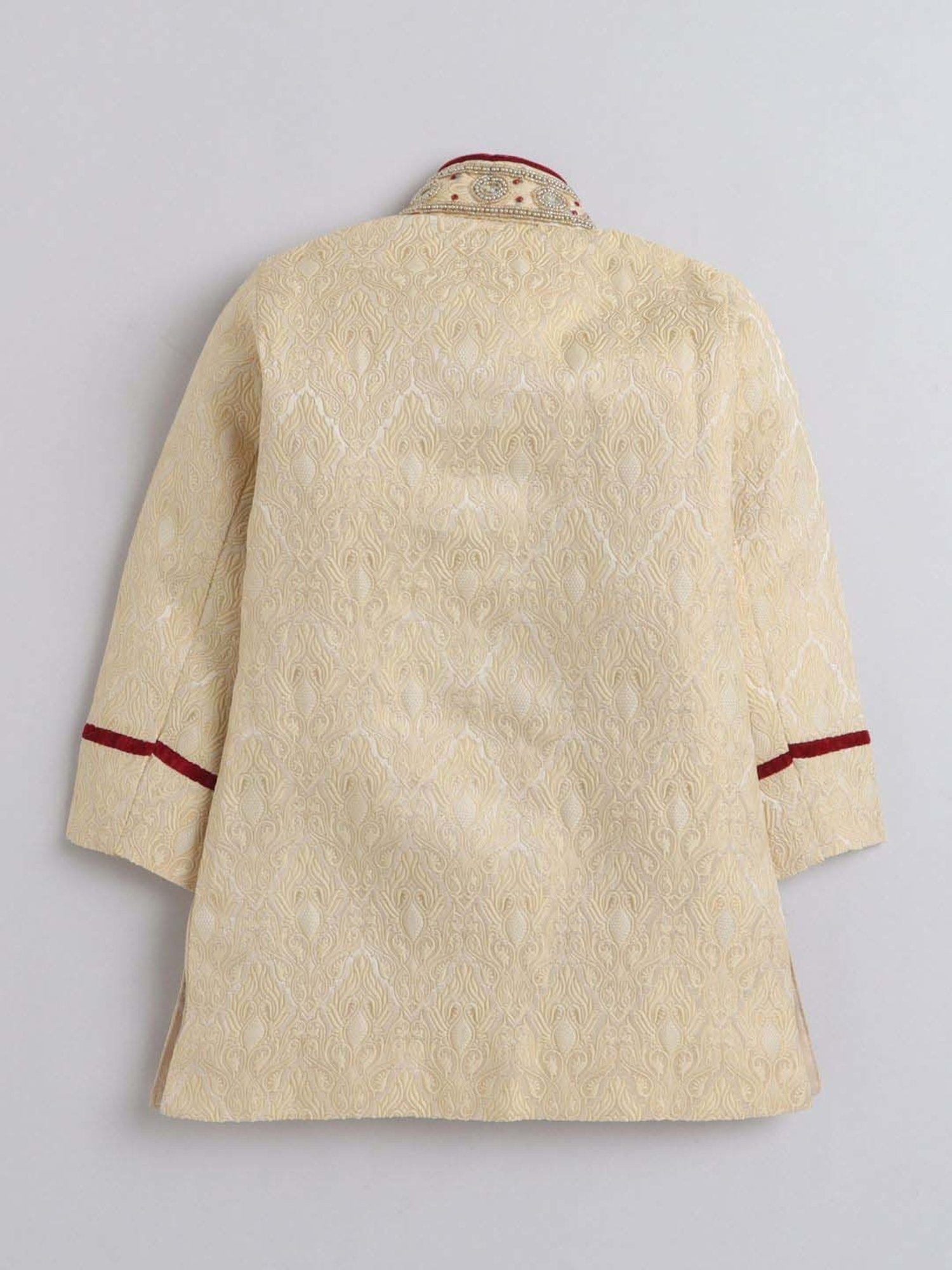 Ahhaaaa Kids Gold & Red Embellished Full Sleeves Sherwani Set
