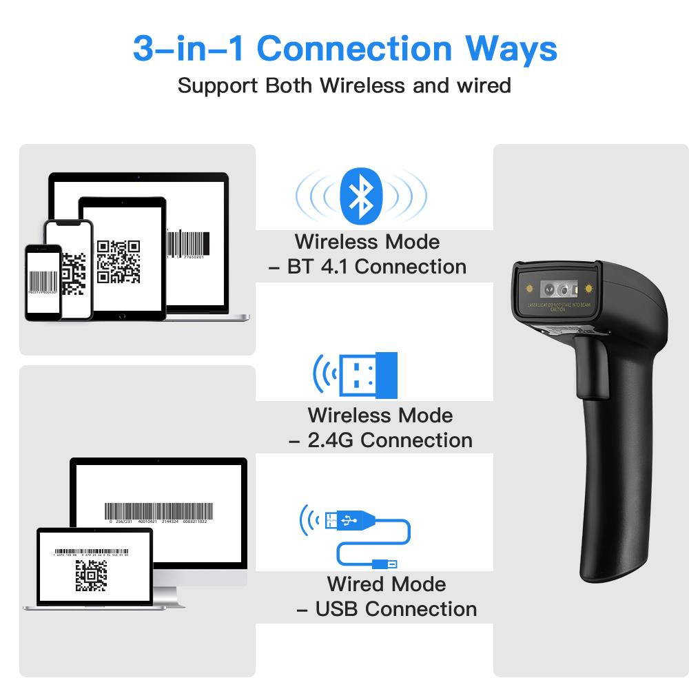1D 2D QR Bluetooth Handheld Barcode Scanner, 3-in-1 Bluetooth & 2.4G Dongle Wireless & Wired Connection, CCD PDF417 Data Matrix Bar Code Reader for iPad, iPhone, Android Phones, Tablets Computer