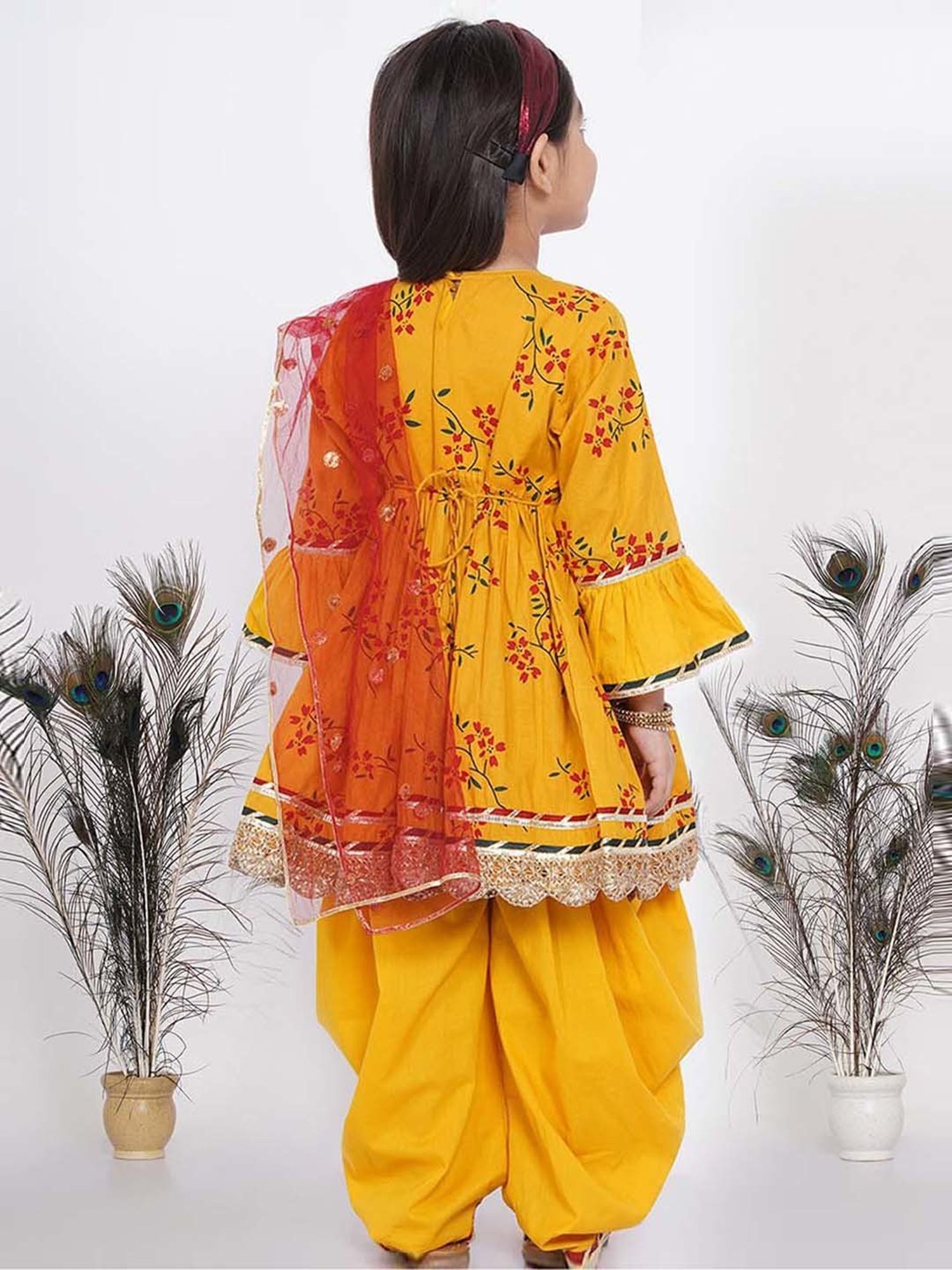 Little Bansi Kids Yellow & Red Cotton Floral Print Full Sleeves Kurta Set
