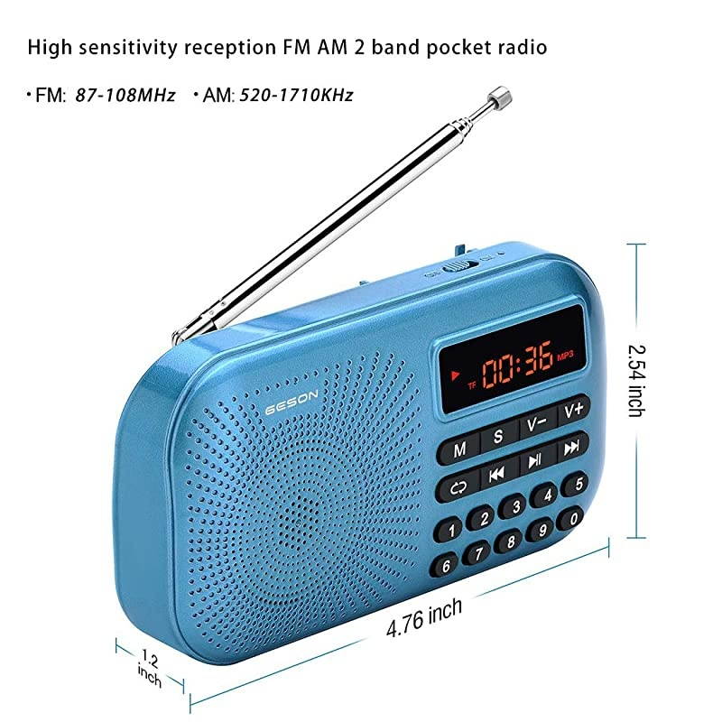 RM-155Pro AM FM Radio Portable Mini USB Speaker MP3 Music Player SupportMicro SD/TF Auto Scan Save LED Display USB Transmit Data and Sound Card Function, Rechargeable BL-5C Battery (Blue)