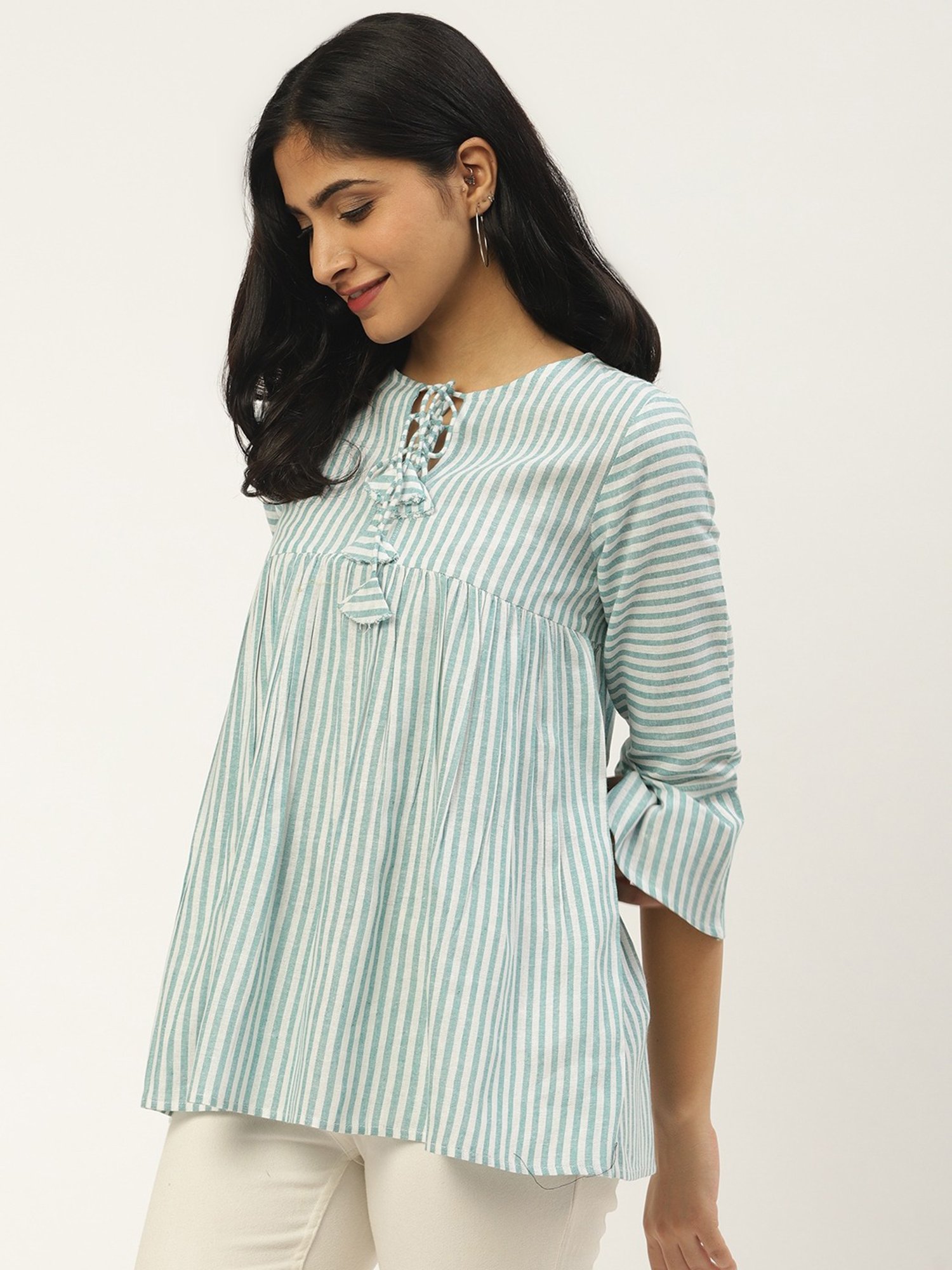 Cottinfab Turquoise Striped A-Line Cotton Top