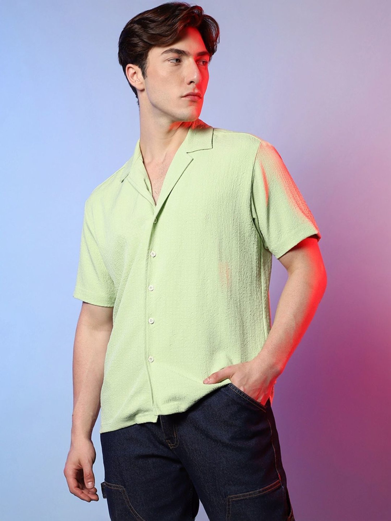 Campus Sutra Green Regular Fit Texture Shirt
