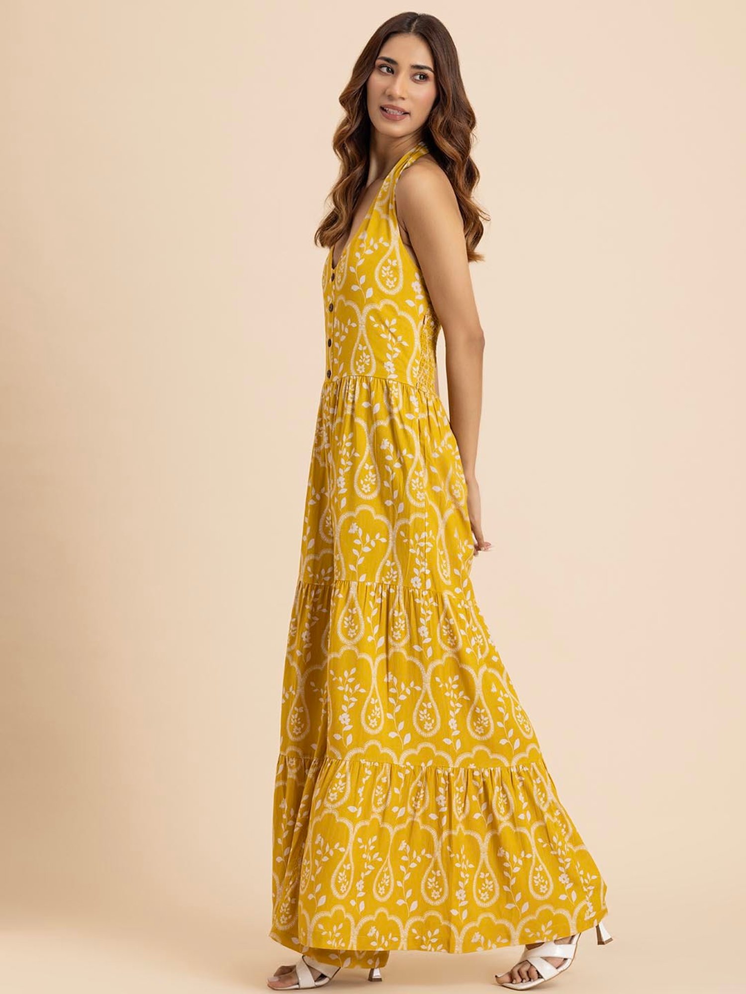 Moomaya Yellow Printed Jumpsuit