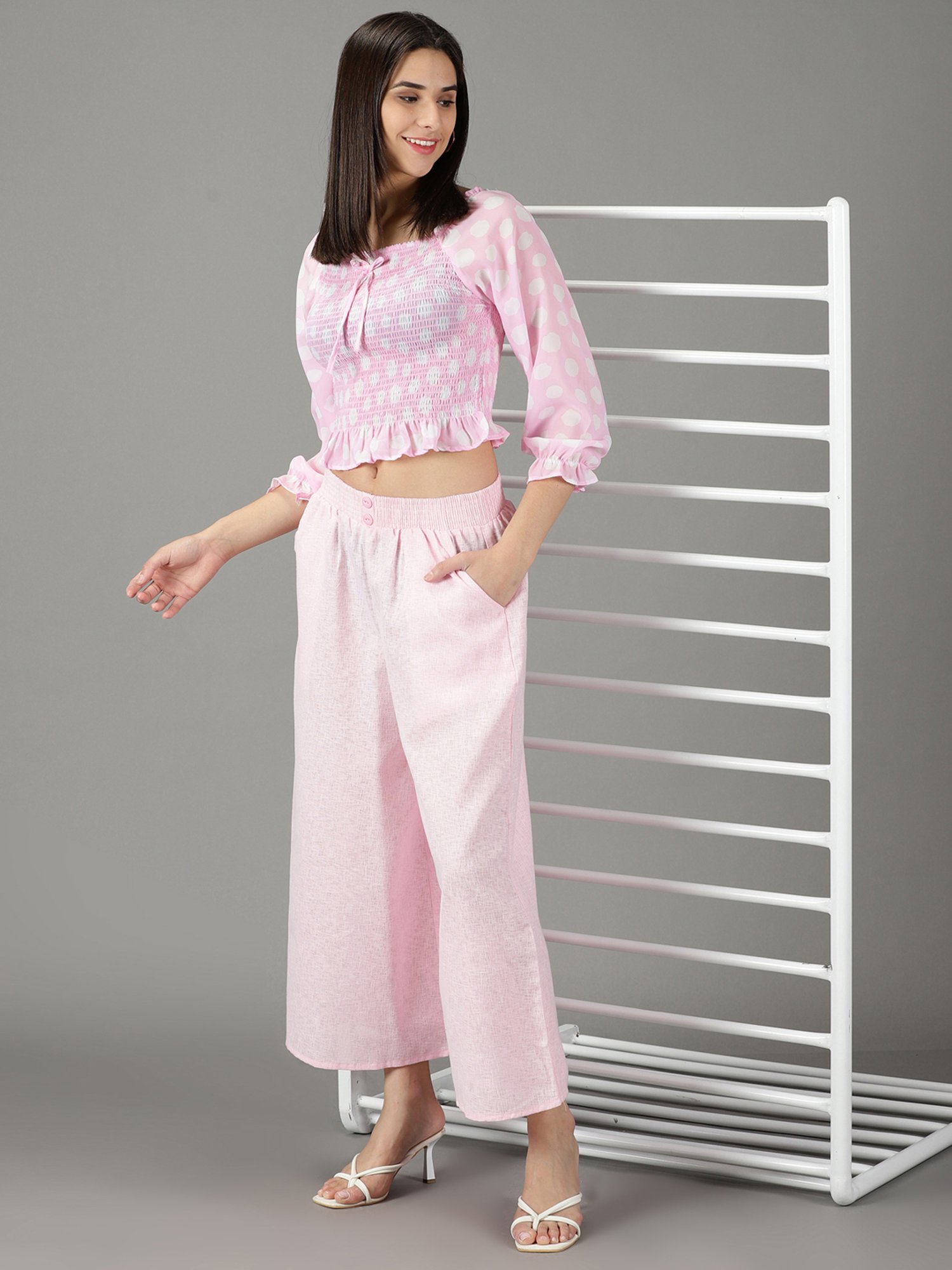 SHOWOFF Pink Linen Flared Fit High Rise Culottes