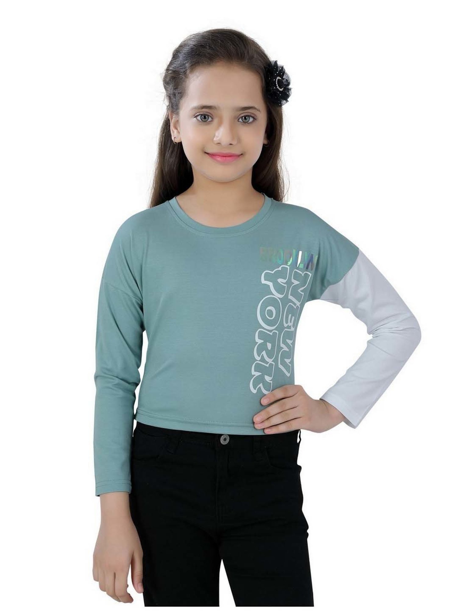 poplins Kids Green & White Cotton Printed Full Sleeves Top