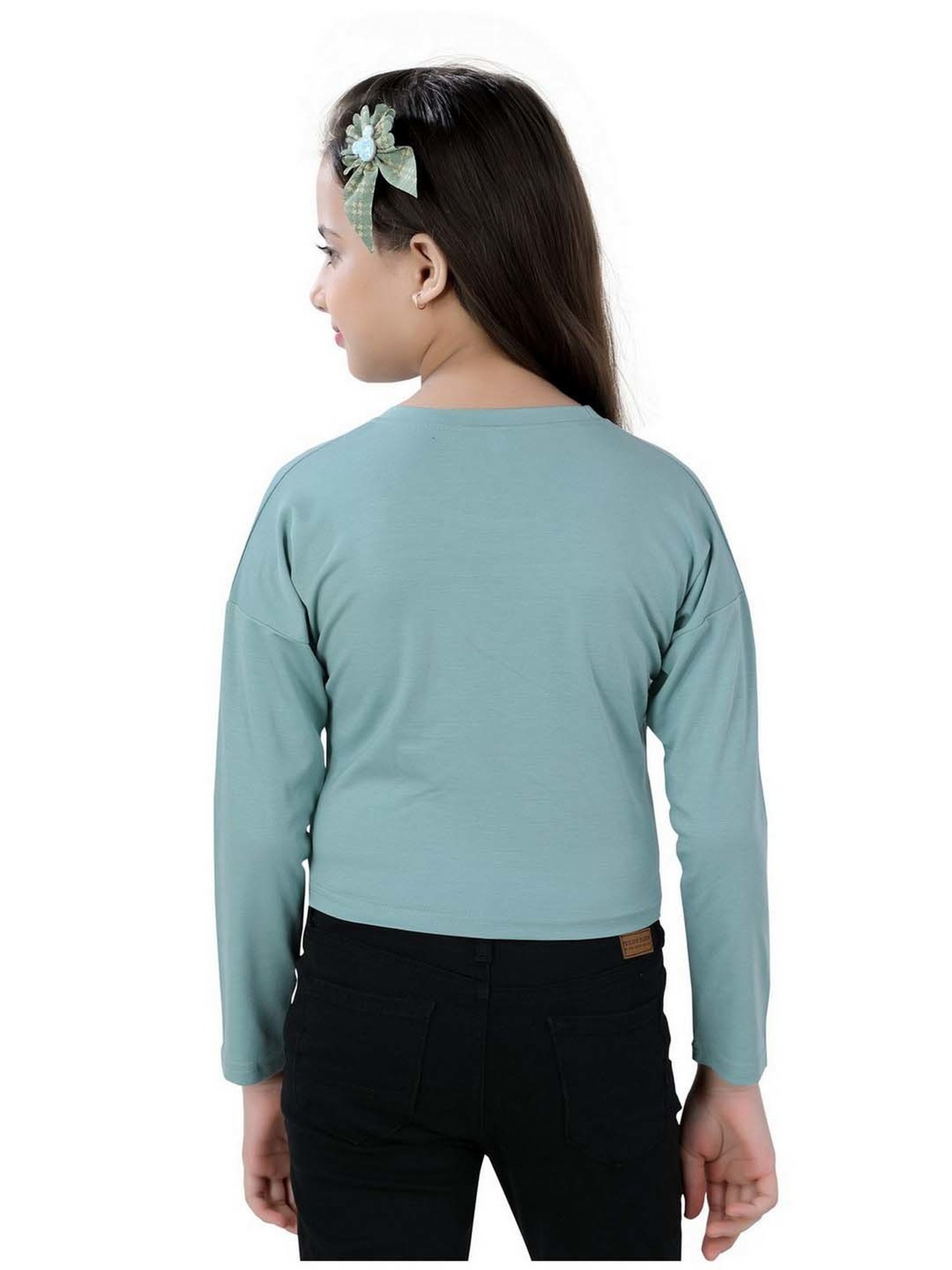 poplins Kids Green Cotton Printed Full Sleeves Top