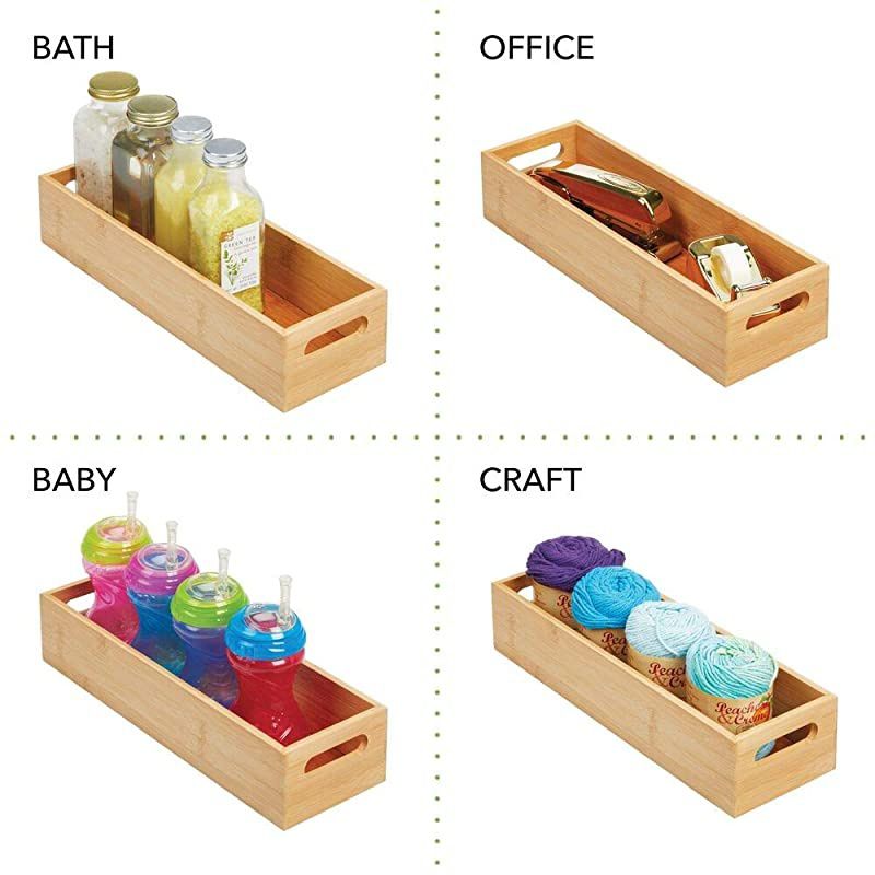 Slim Bamboo Kitchen Cabinet Fridge Drawer Organizer Tray Storage Bin for Cutlery Serving Spoons Cooking Utensils Gadgets 46 Wide 2 Pack Natural Wood Finish