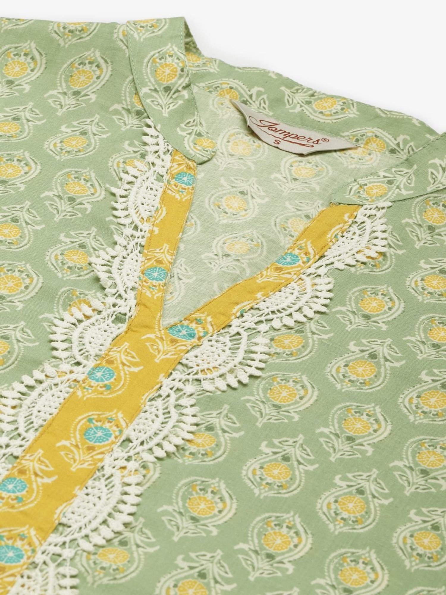 Jompers Green Cotton Floral Print Straight Kurta
