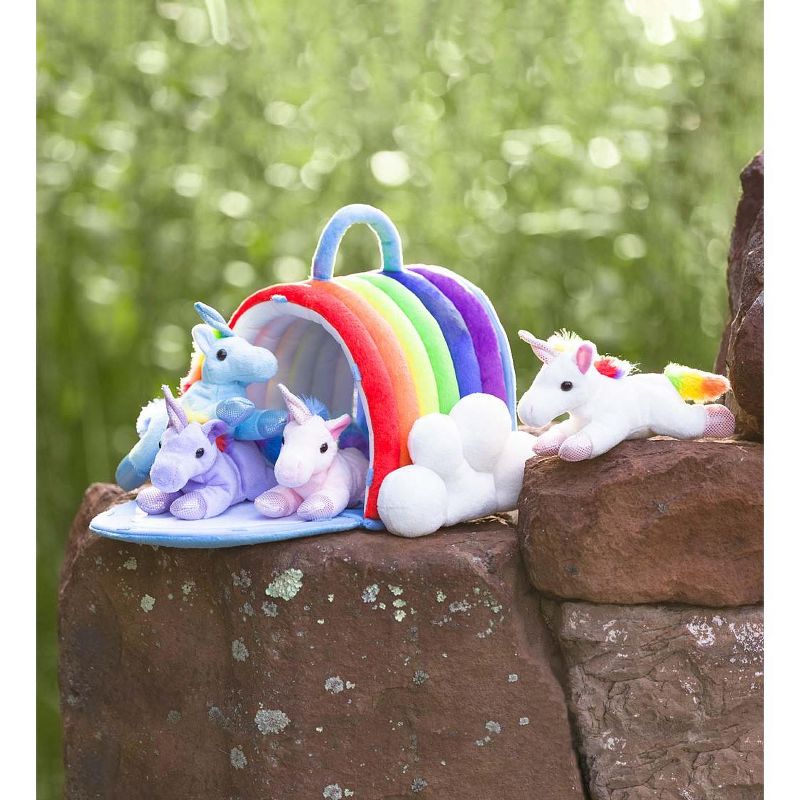 HearthSong Portable Plush Rainbow Unicorn Play Set with Four Unicorns and Rainbow Cottage