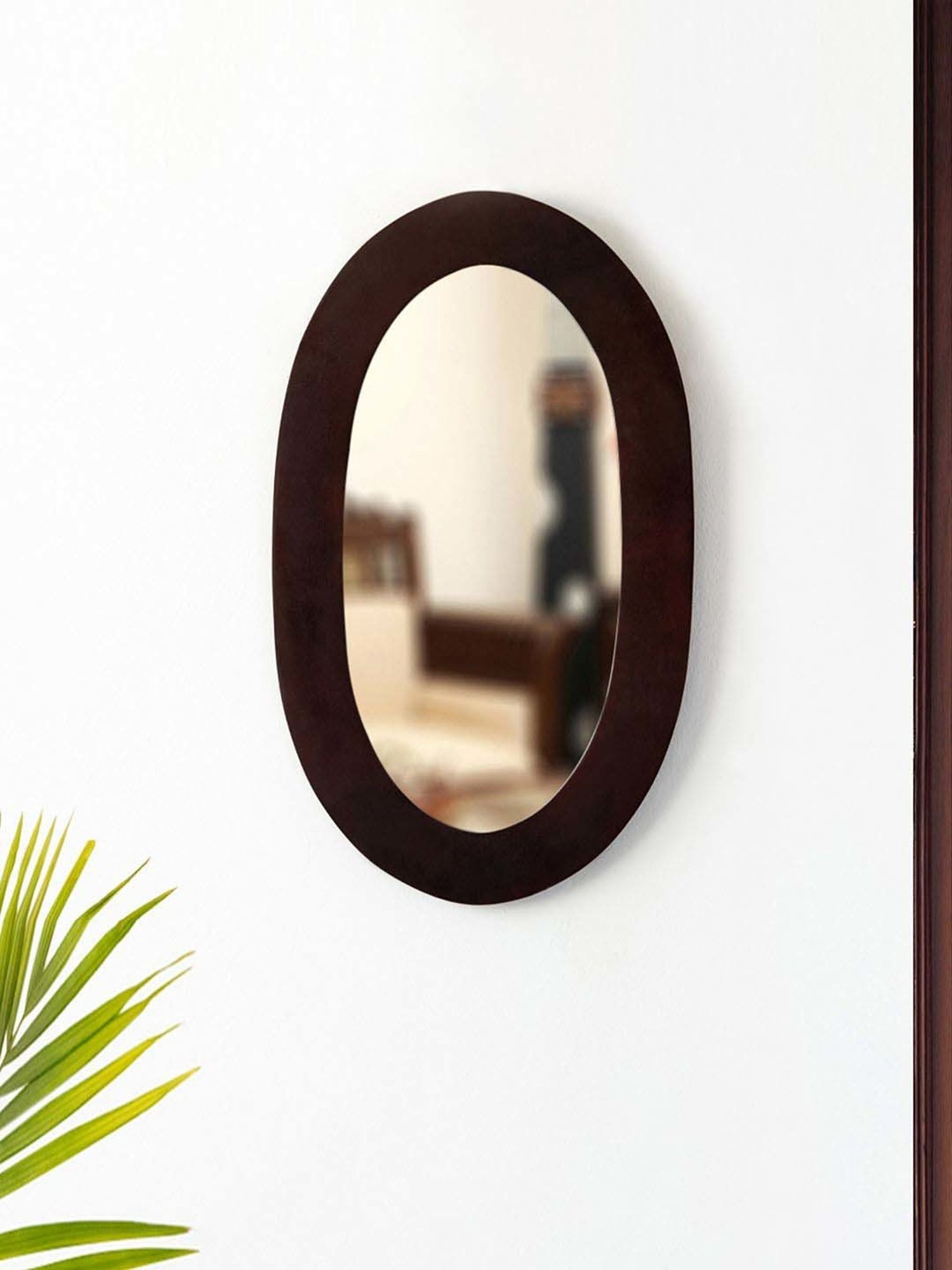 ExclusiveLane Brown Wood Flattened Oval Decorative Wall Mirror