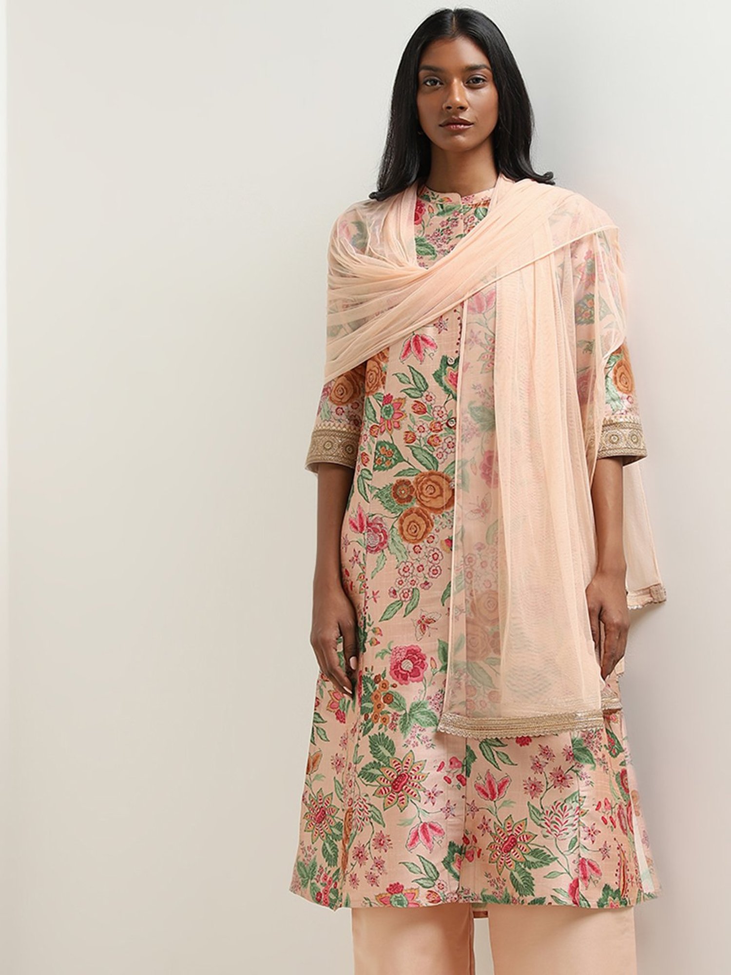 Vark by Westside Peach Floral Printed Kurta, Palazzos and Dupatta Set