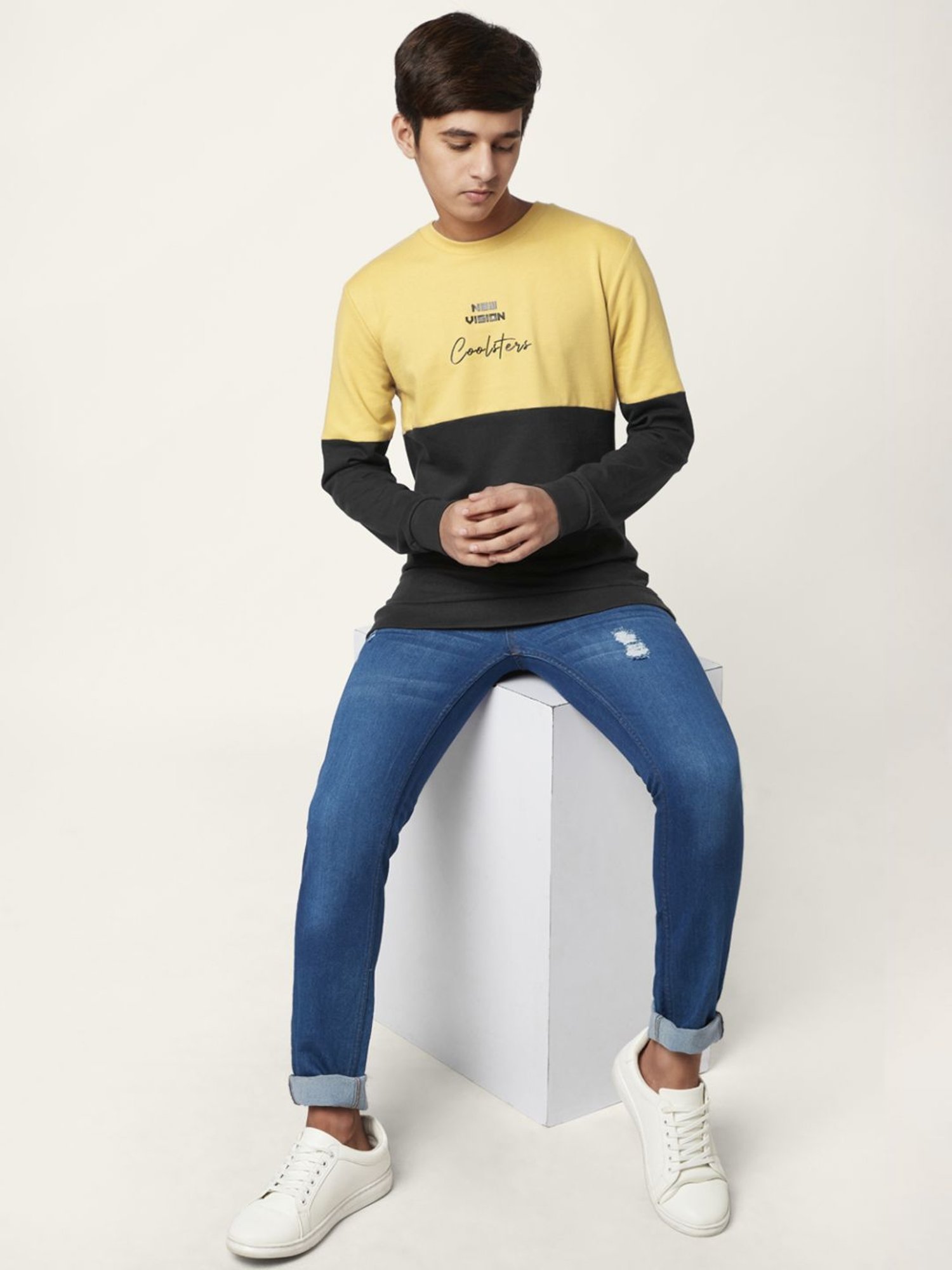 Coolsters by Pantaloons Kids Yellow & Black Cotton Color Block Full Sleeves Sweatshirt