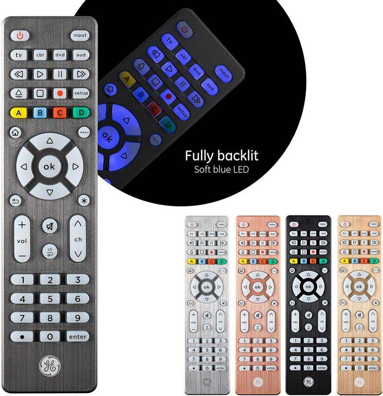GE Backlit Universal Remote Control for Samsung, Vizio, LG, Sony, Sharp, Roku, Apple TV, TCL, Panasonic, Smart TV, Streaming Players, Blu-Ray, DVD, Simple Setup, 4-Device, Graphite, 48848