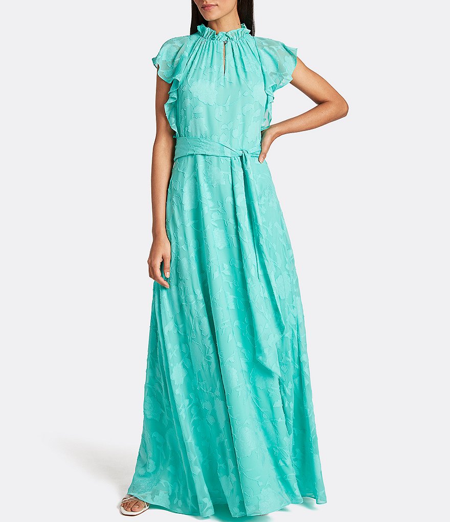 Tahari ASL Ruffle Cap Sleeve Keyhole Neck Tie Waist Floral Clip Chiffon A-Line Dress