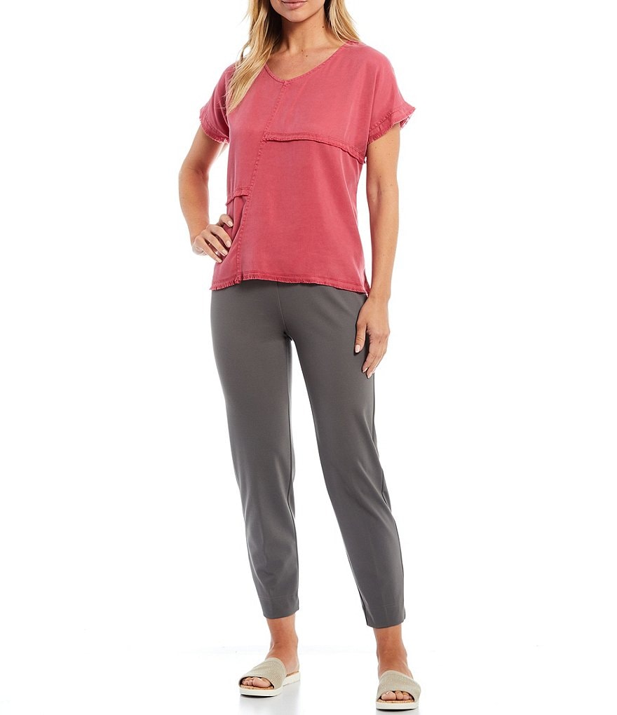 Multiples Petite Size V-Neck Fringe Trim Multi Panel Short Dolman Sleeve Hi-Lo Twill Tencel Top