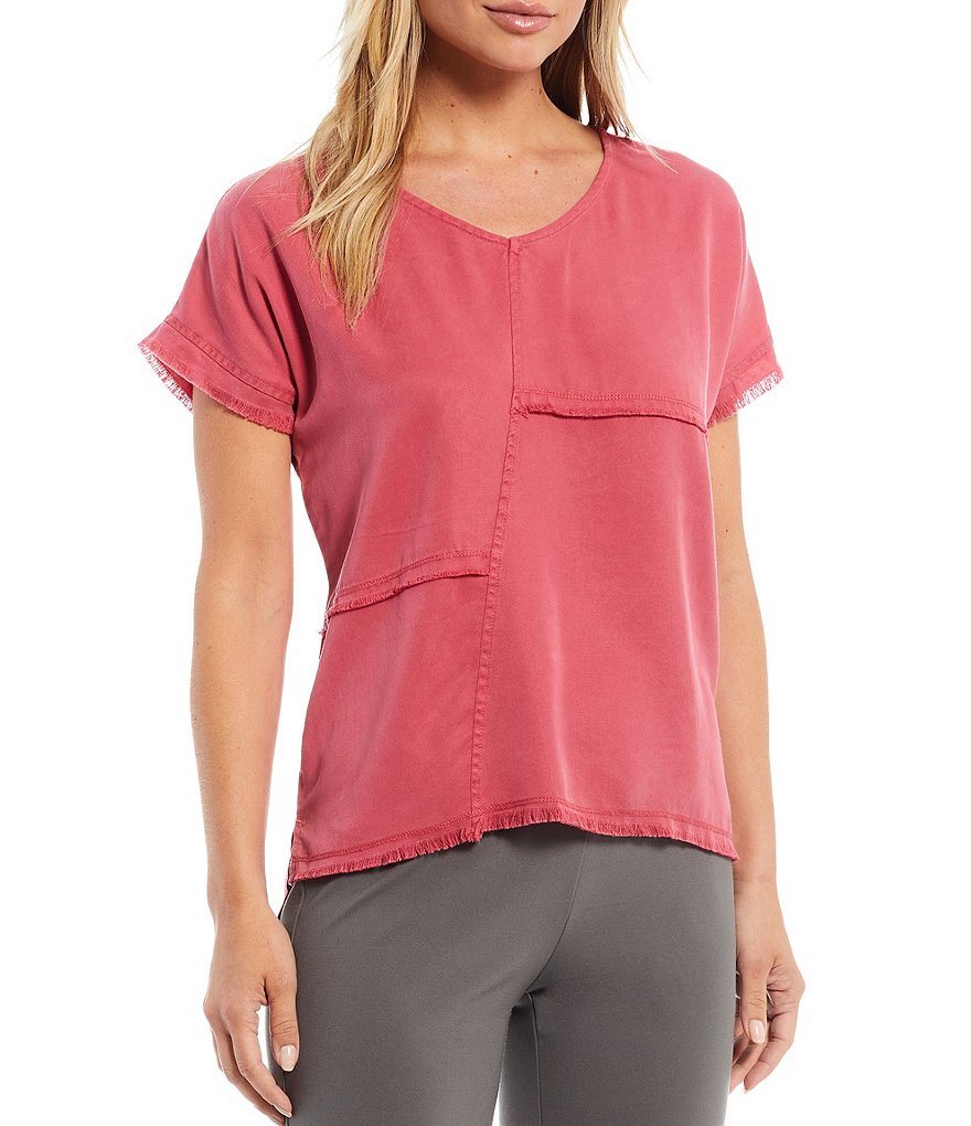 Multiples Petite Size V-Neck Fringe Trim Multi Panel Short Dolman Sleeve Hi-Lo Twill Tencel Top