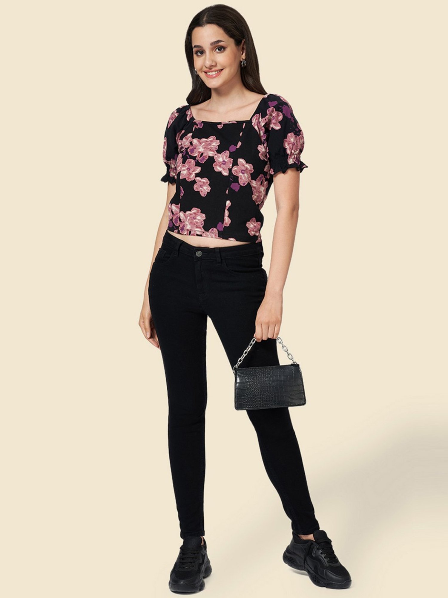 YU by Pantaloons Black & Purple Cotton Floral Print Top