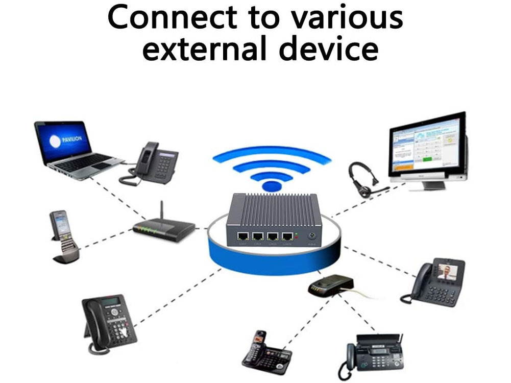 Fanles Mini PC Intel Celeron N2940, up to 2.25Ghz, pfSense, Small desktop Computer with 4 LAN,HD-MI VAG Dual Display, USB3.0, Wi-Fi, Wake-on-LAN, Auto Power On, PXE Boot, 8GB RAM 128GB mSATA SSD