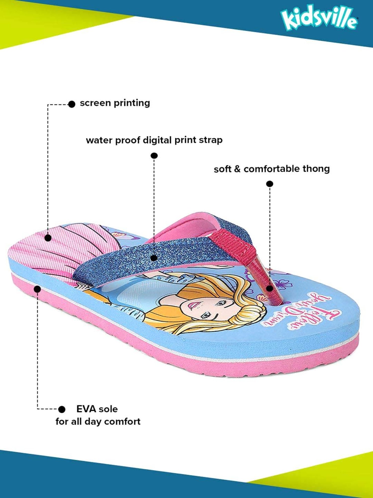 Kidsville Barbie Printed Sky Blue & Pink Flip Flops