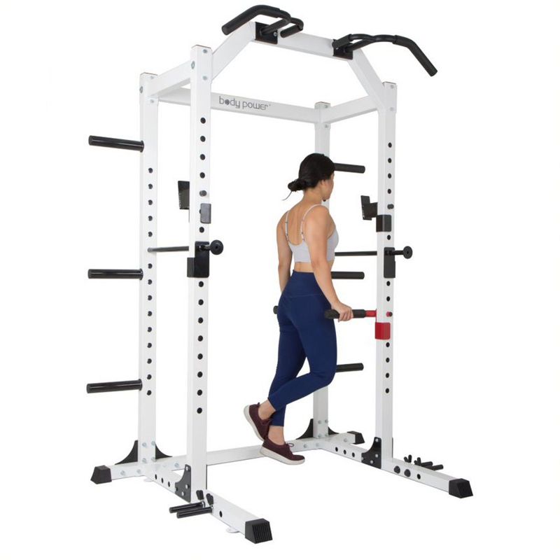 Body Flex Sports SMU6200 Weightlifting Deluxe Home Gym Exercise Power Rack Cage System with Dip Bar Attachments, Bar Catches, and Safety Rods, White