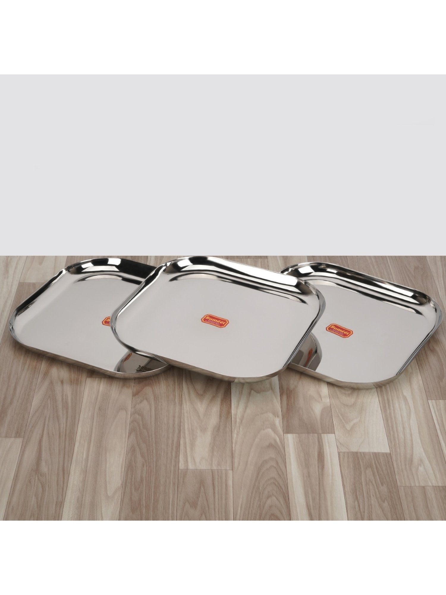 Sumeet S.S. Big Square Shape Plate/Dinner Plate/Lunch-Meal Plate Set of 3pcs, 28cm dia, Silver